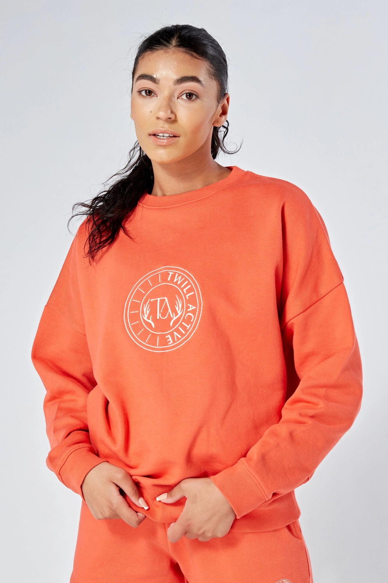 Oversized Twill Active Essentials Crewneck Sweatshirt for Women - Coral | Comfortable Loungewear & Casual Streetwear for Everyday Wear