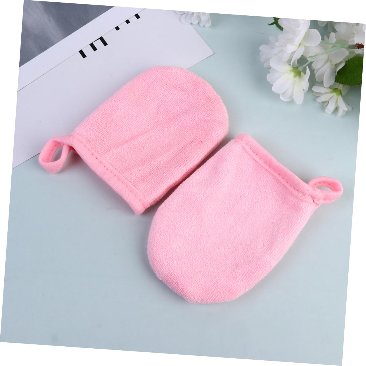 POPETPOP 9-Piece Makeup Remover Gloves & Face Wipes Set - Gentle Facial Cleansing, Body Scrub & Makeup Removal - Reusable Wash Cloths & Powder Puff (Pink) - Perfect for Travel, Spa Days & Daily Skincare Routine
