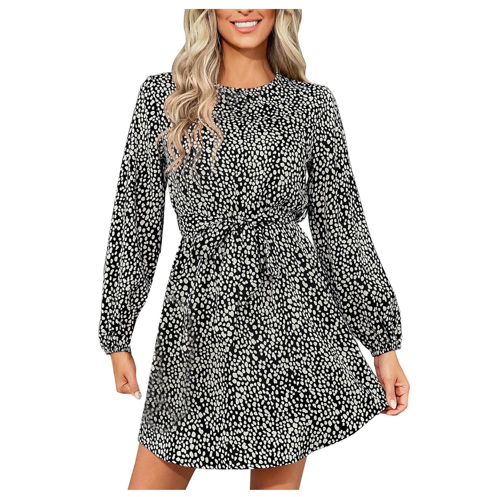 Women's Leopard Print Long Sleeve Dress with Tie Waist - Summer Fashion Round Neck Dress Trendy Outfits 2022 for Casual Wear, Office, and Date Night