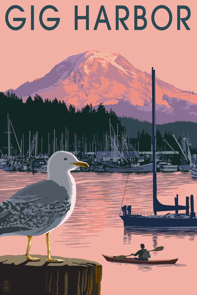 Gig Harbor Washington Marina and Mount Rainier Sunset Art Print - 24x36 Signed Wall Decor Poster for Living Room, Bedroom & Office