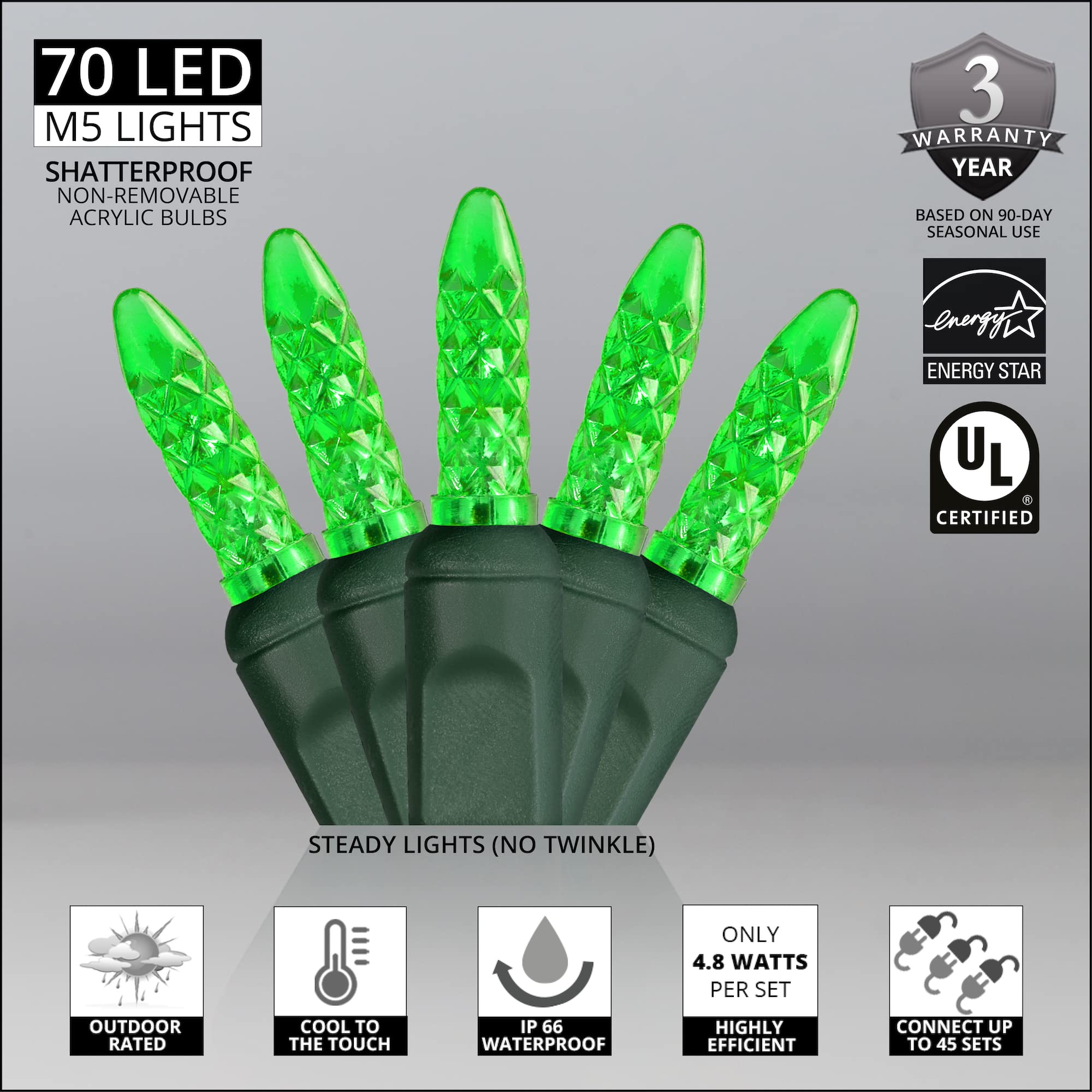 M5 LED Mini Ice Green Prelamped Light Set with Green Wire - 70 Count Green LED Christmas Lights, 4 Inch Spacing - Perfect for Holiday Decorations, Christmas Trees, and Indoor/Outdoor Party Lighting