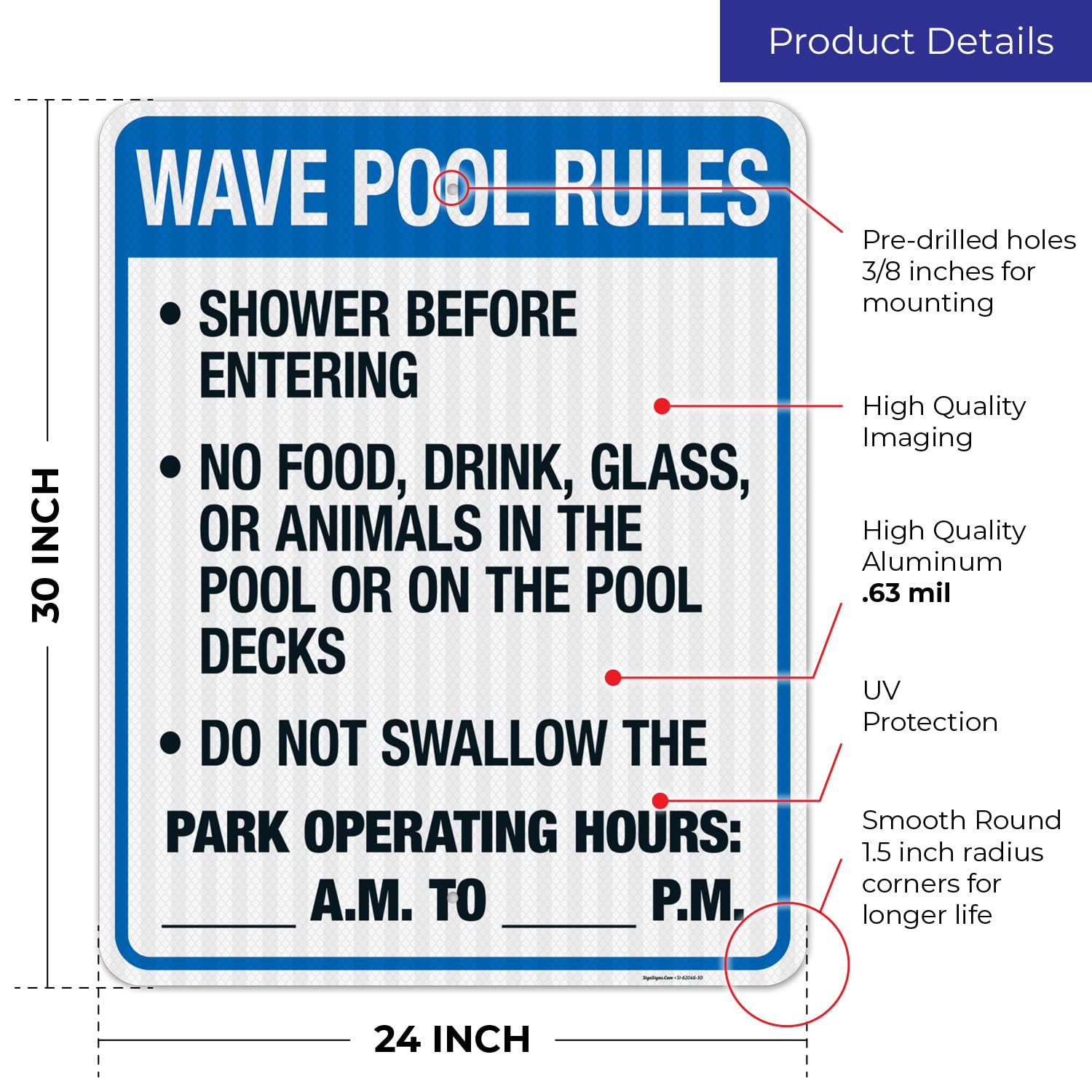 Florida Wave Pool Rules Sign - 24x30 Inches, 3M EGP Reflective .080 Aluminum, Complies with FL Pool Safety Code, Fade Resistant - Perfect for Water Parks, Public Pools & Beach Clubs (Made in USA)