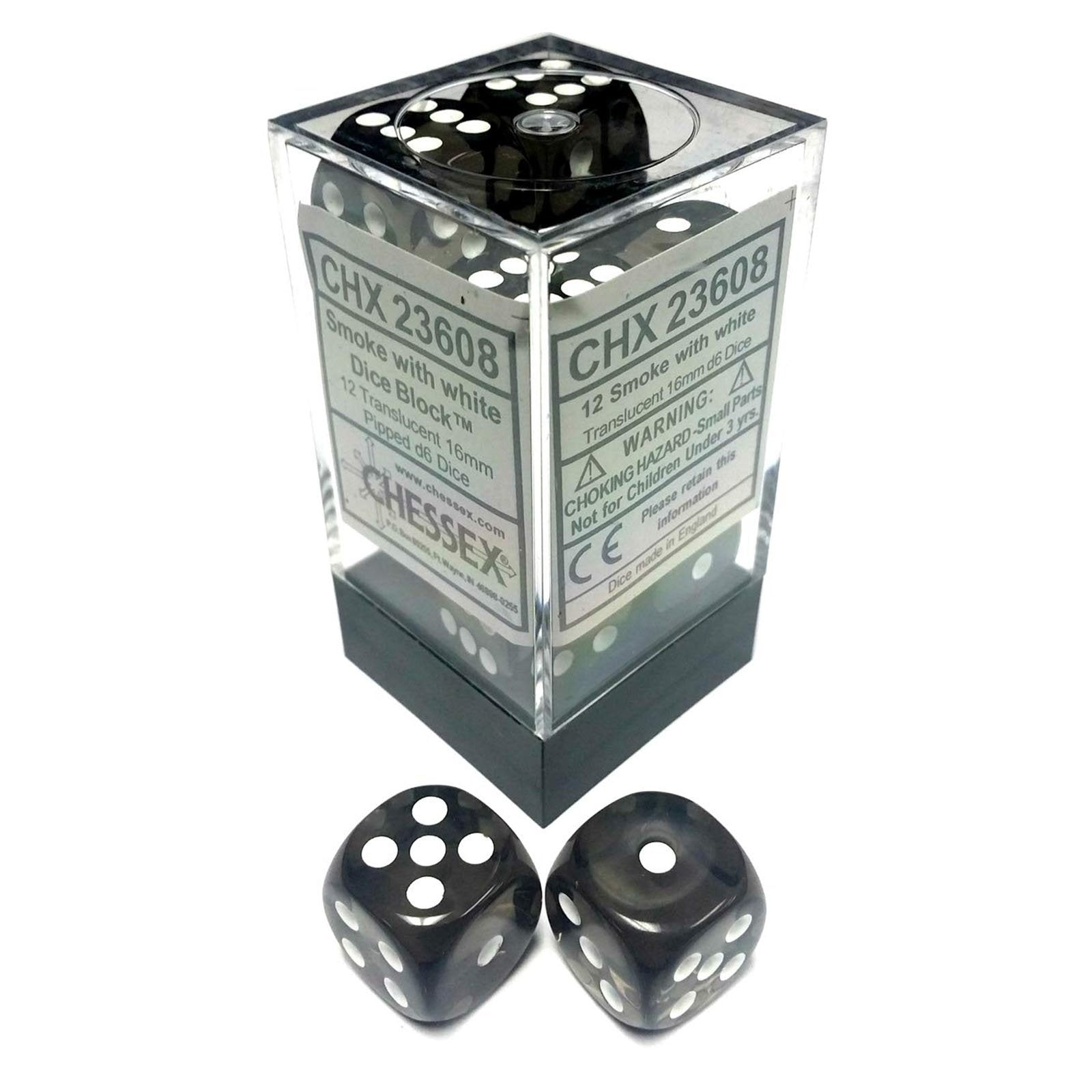 Chessex 12-Piece Set of 16mm Translucent Smoke White D6 Dice (CHX23608) - Perfect for Tabletop RPGs, Board Games & Collectors