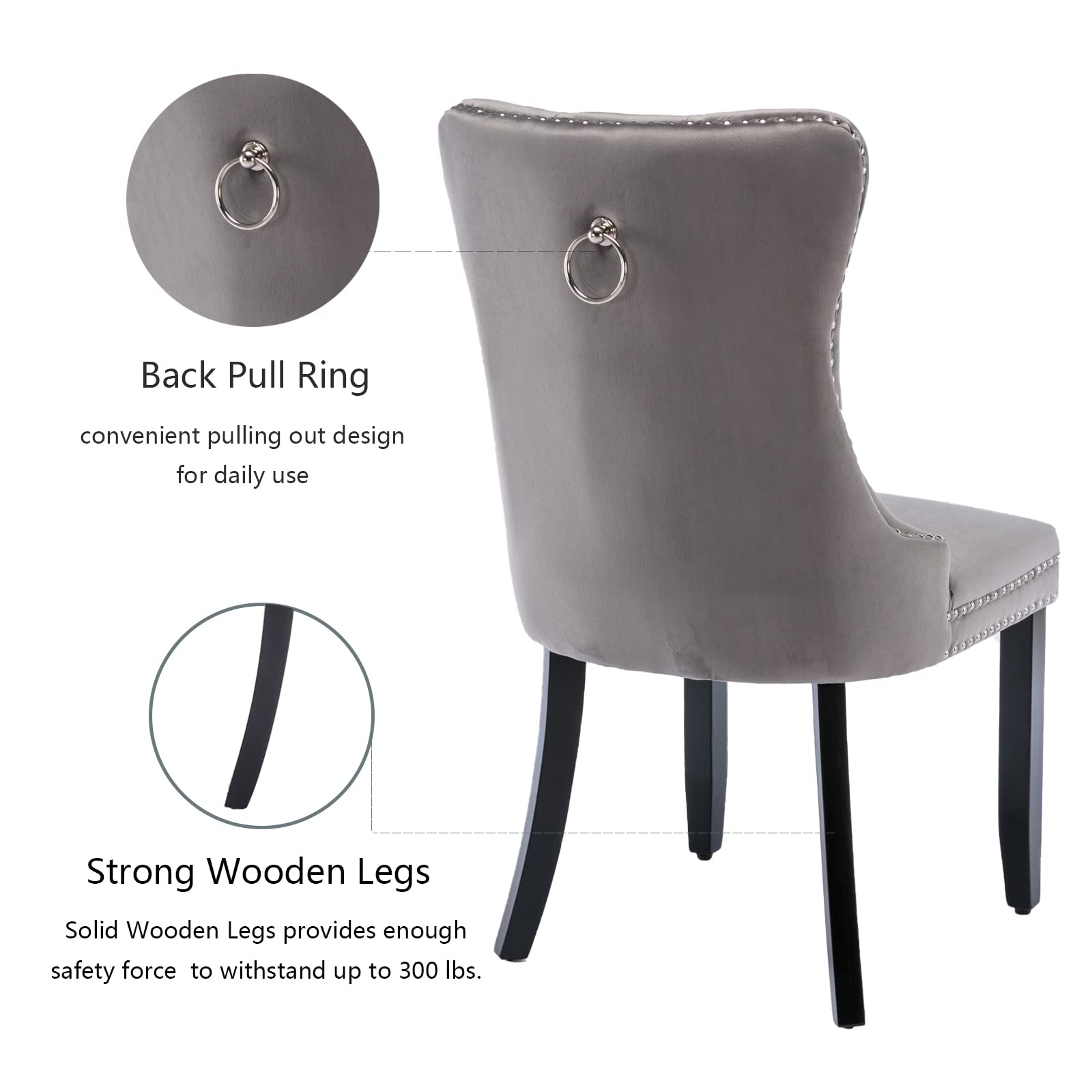 4 Grey Velvet Dining Chairs Set - Upholstered Modern Kitchen Chairs with Tufted Wingback Design, Ring Pull Trim & Solid Wood Legs for Dining Room, Living Room, Kitchen - Perfect for Home Decor, Restaurant & Office Use