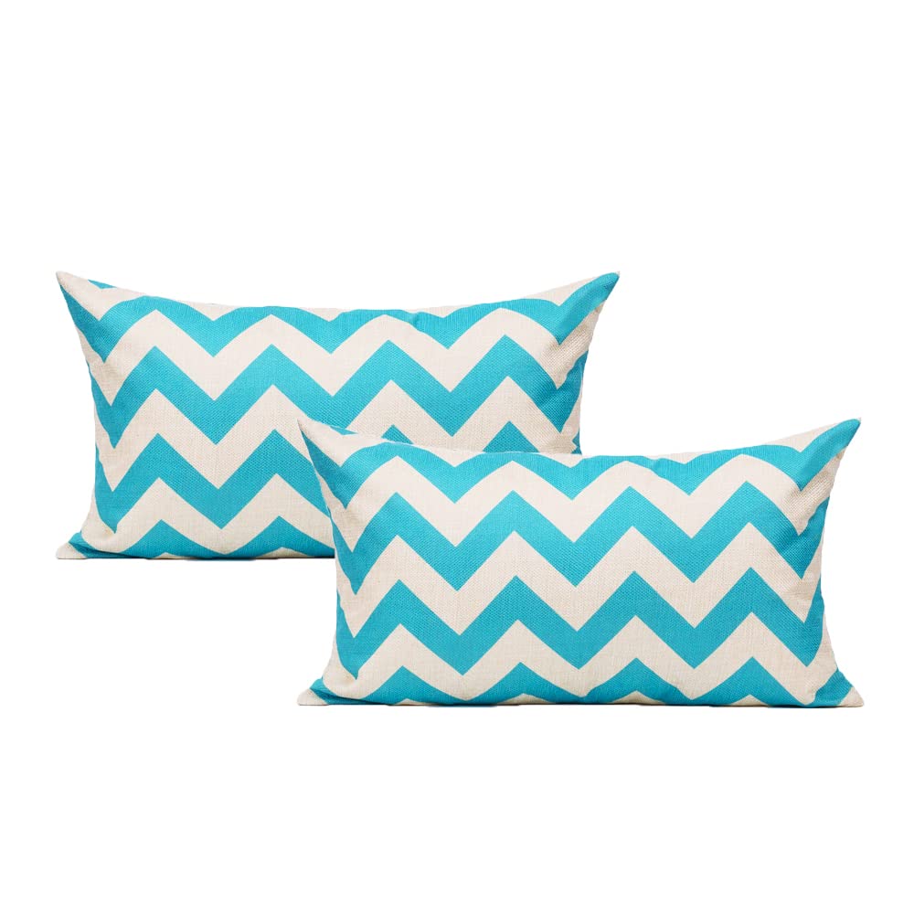 All Smiles Outdoor Aqua Throw Pillow Covers - Set of 2 Waterproof Decorative Cushion Cases 12x20 Inch for Sofa, Couch, Patio - Geometric Lambar Home Decor Accent Pillows - Perfect for Living Room, Outdoor Furniture & Beach House Decor