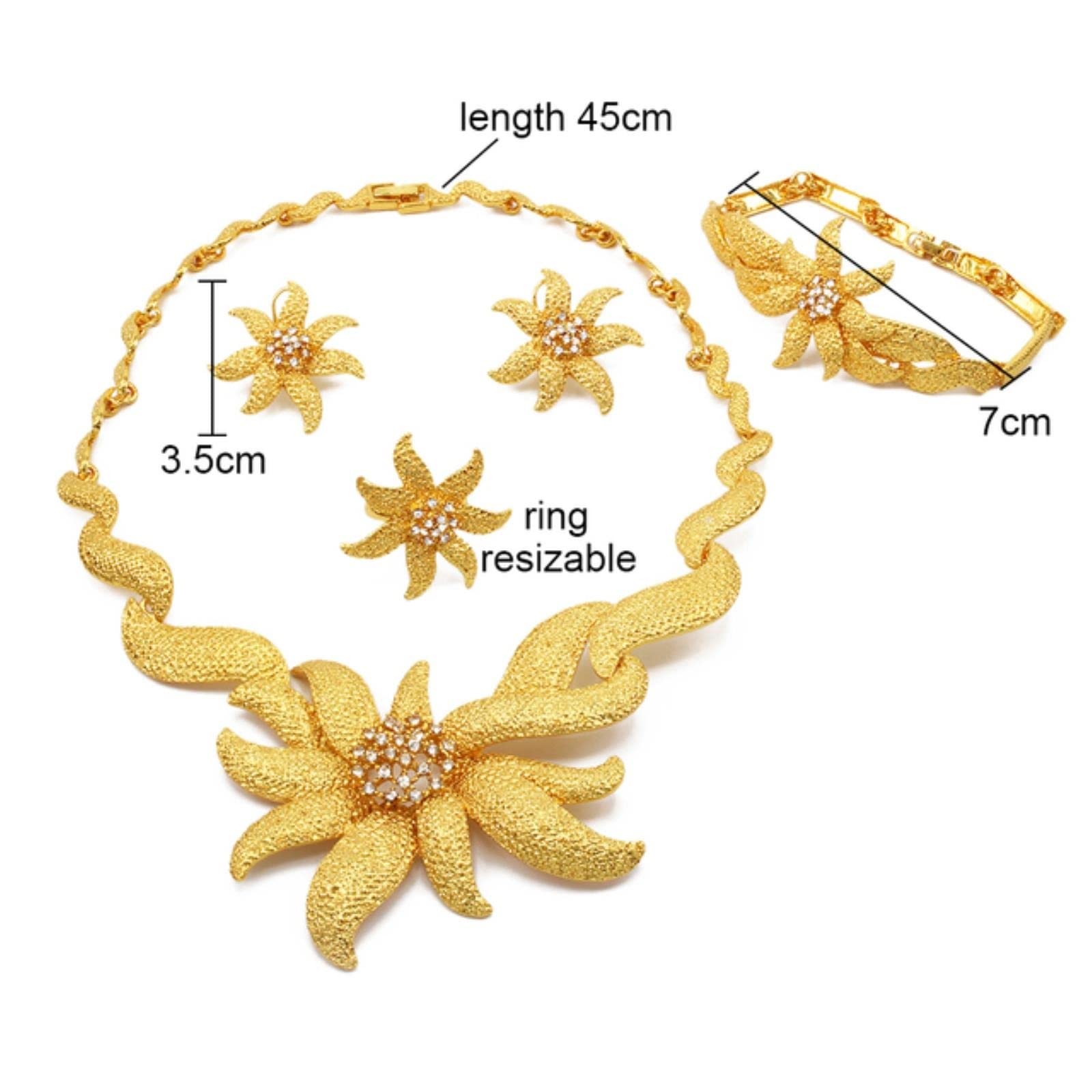 24K Gold Plated Jewelry Set for Women - Dubai Style African Bridal Wedding Gift Set with Flower Pendant Necklace, Earrings, Ring & Bracelet - Perfect for Weddings, Anniversaries and Special Occasions