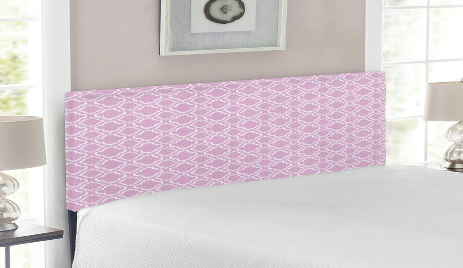 Ambesonne Ikat Upholstered Headboard - Pastel Feminine Colors Retro Design Queen Size Bed Headboard with Memory Foam | Lilac White Classic Pattern for Master Bedroom, Guest Room Decor