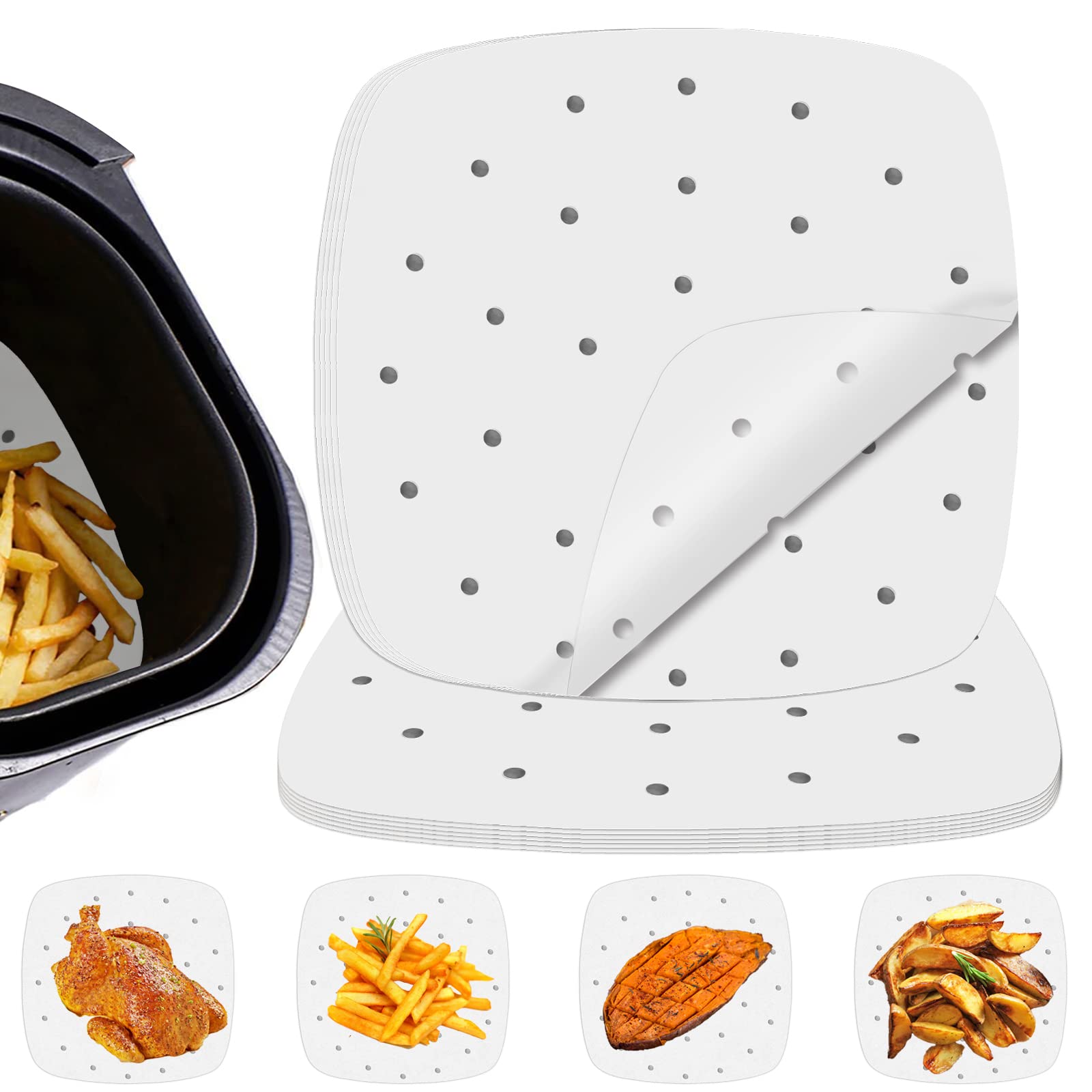 Numola 100-Pack 8 Inch Perforated Air Fryer Liners - Disposable Parchment Paper Sheets for Baking, Non-Stick Square Steamer Liners - Perfect for Air Fryers, Ovens, Microwaves & Steaming Baskets - Ideal for Healthy Cooking, Meal Prep & Quick Cleanup
