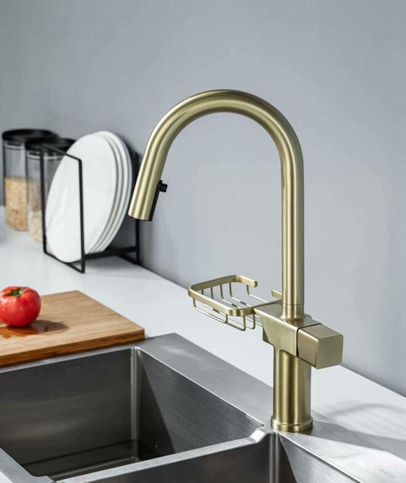Brushed Gold Pull-Out Kitchen Faucet with Sprayer - Hot & Cold Water Swivel Mixer Tap for Modern Farmhouse & Contemporary Kitchen Sinks | Perfect for Washing Dishes, Filling Pots & Cleaning Vegetables