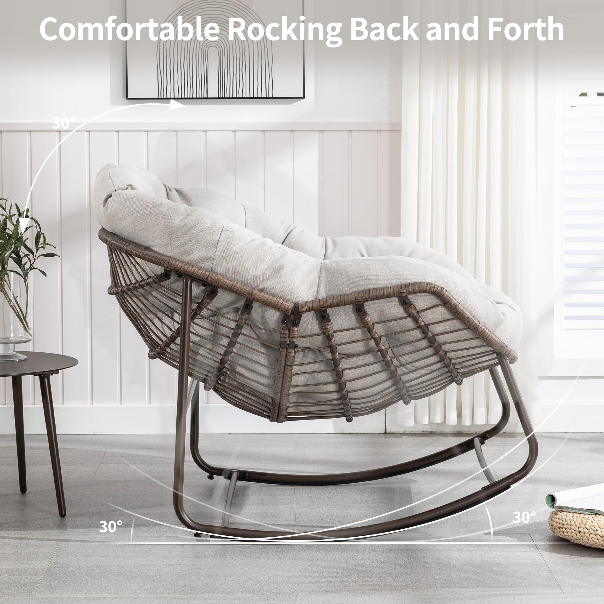 Oversized Wicker Papasan Glider Rocking Chair - Comfortable Patio Rocker Recliner for Living Room, Nursery, Bedroom, Front Porch & Lawn - Perfect for Relaxing, Reading & Lounging (Beige, 1 Chair)