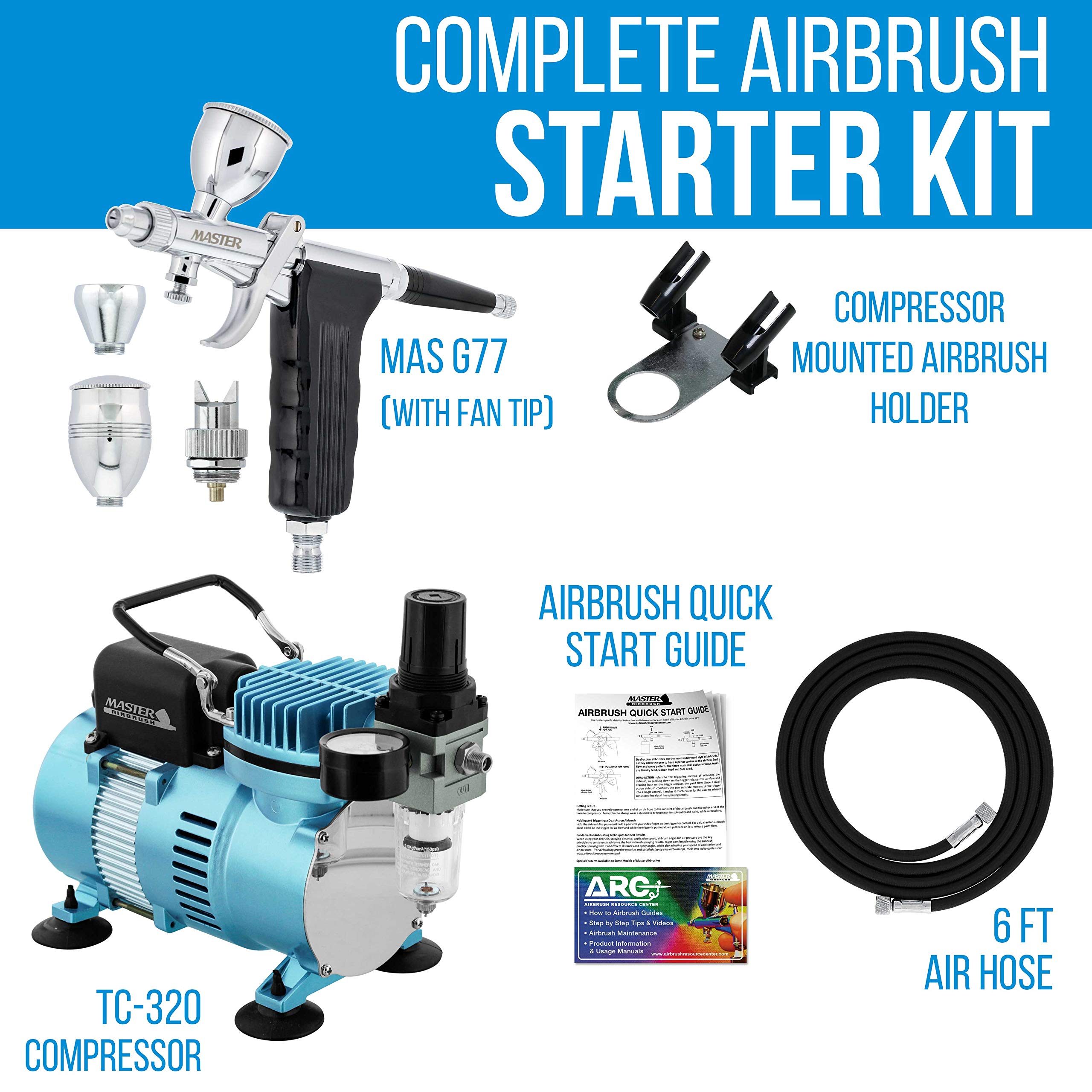 Master Airbrush Model G77 Spray Gun Kit with Cool Runner II Dual Fan Air Compressor - 0.3mm & 0.5mm Nozzles, 3 Cup Sizes, Hose - Perfect for Auto Graphics, DIY Painting, Hobby Crafts & Professional Art Projects