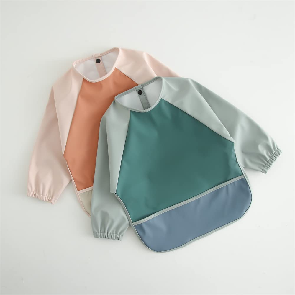 GZMM Waterproof Baby Bibs for Infants & Toddlers - Long Sleeve Feeding Bib with Food Catcher - Easy to Wipe Clean & Machine Washable - Perfect for Messy Mealtime, Baby Led Weaning & On-the-Go Feeding