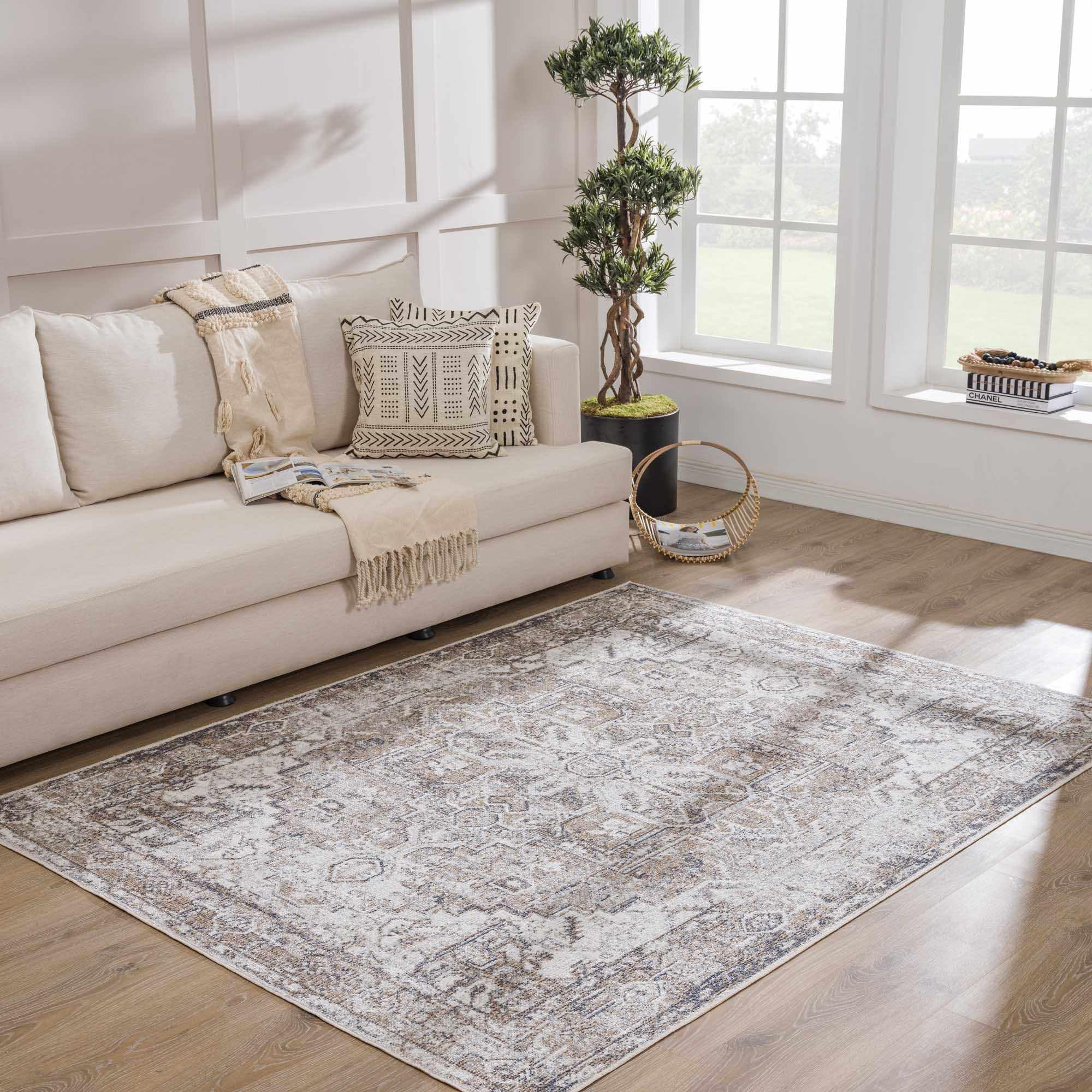 Hauteloom Hera Washable Area Rug for Living Room & Bedroom - Soft, Durable, Stain Resistant - Blue, Brown, Beige - 6'7