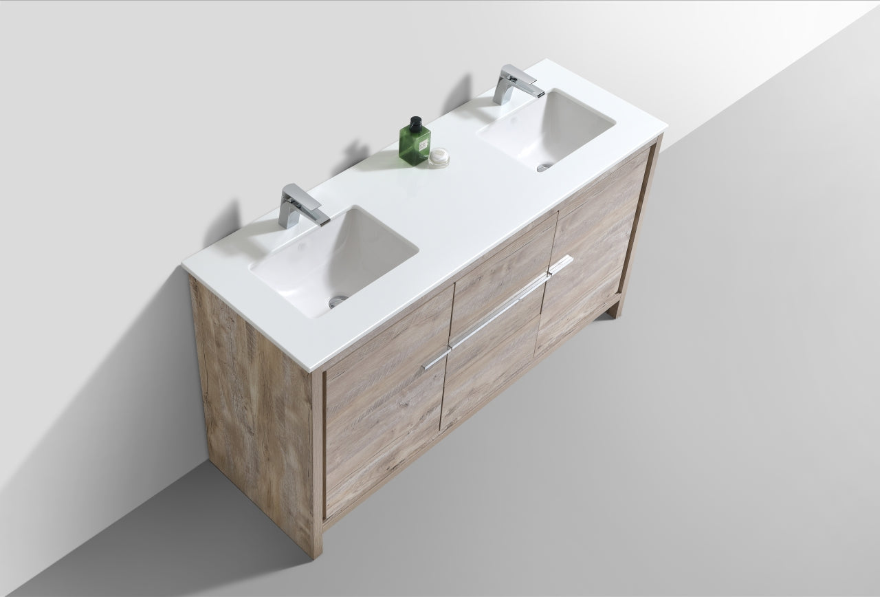 Modern Double Sink Bathroom Vanity with Nature Wood & Quartz Countertop - Floor Standing AD60 for Contemporary Homes | Perfect for Master Bathrooms & Guest Suites