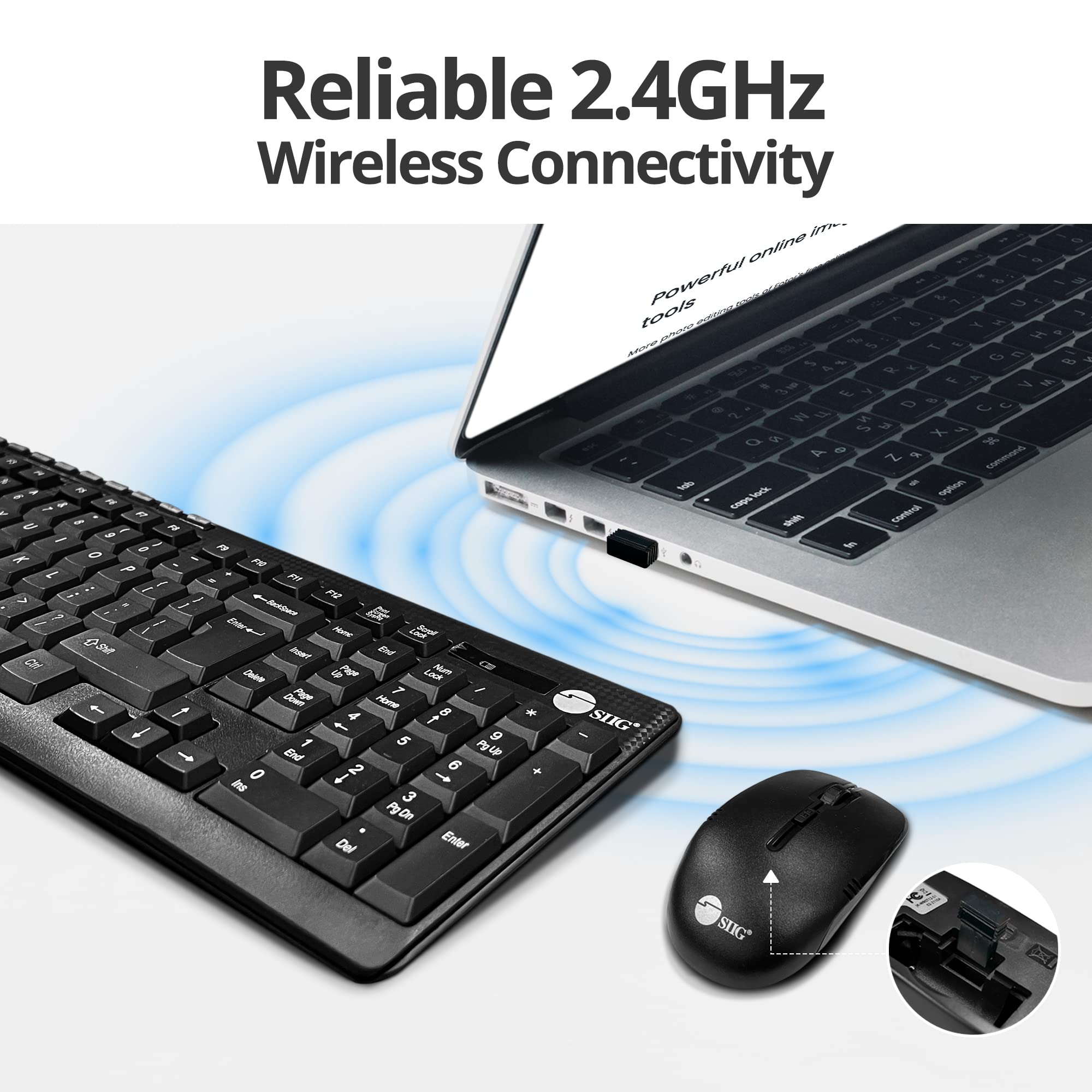 SIIG JK-WR0T12-S1 Wireless Keyboard and Mouse Combo - 102 Key Standard Size Keyboard with 3-Button Optical Mouse (Black) - Perfect for Office, Home & Gaming Use