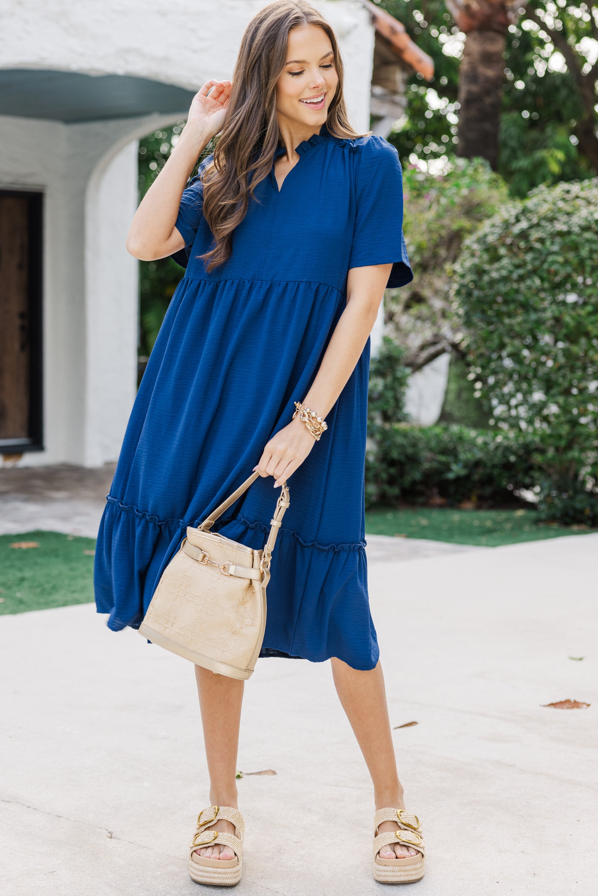 Stylish Navy Blue Midi Dress for Women | First And Foremost Elegant Casual Dress | Perfect for Office, Date Night & Summer Outings
