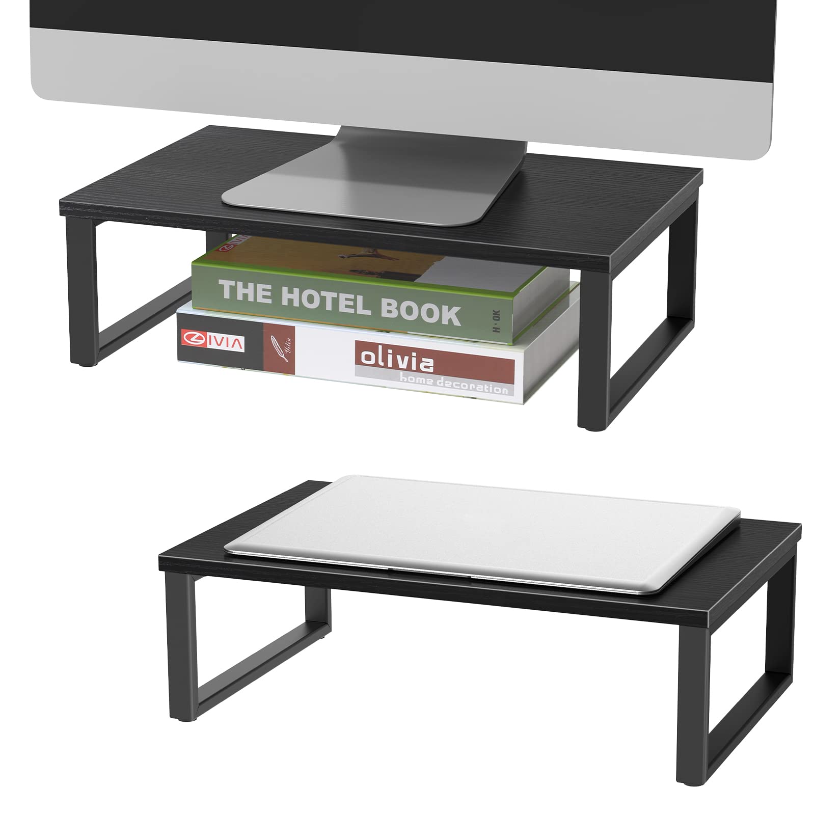 2 Pack Black Wood Monitor Stand Riser with Storage - Adjustable Laptop & Computer Desk Organizer, Desktop Printer Shelf, PC Monitor Lift for Home Office & Gaming Setup