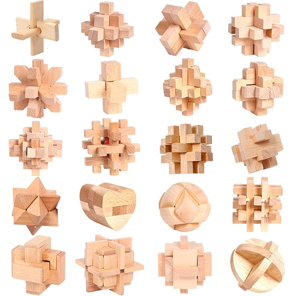 3D Wooden Brain Teaser Puzzle - Luban Lock & Kongming Lock Stress Relief Toy - Interlocking Building Blocks for Kids & Adults - Jumu Beech Wood 20pcs - Perfect for Office Desk, Classroom, Travel & Family Game Night