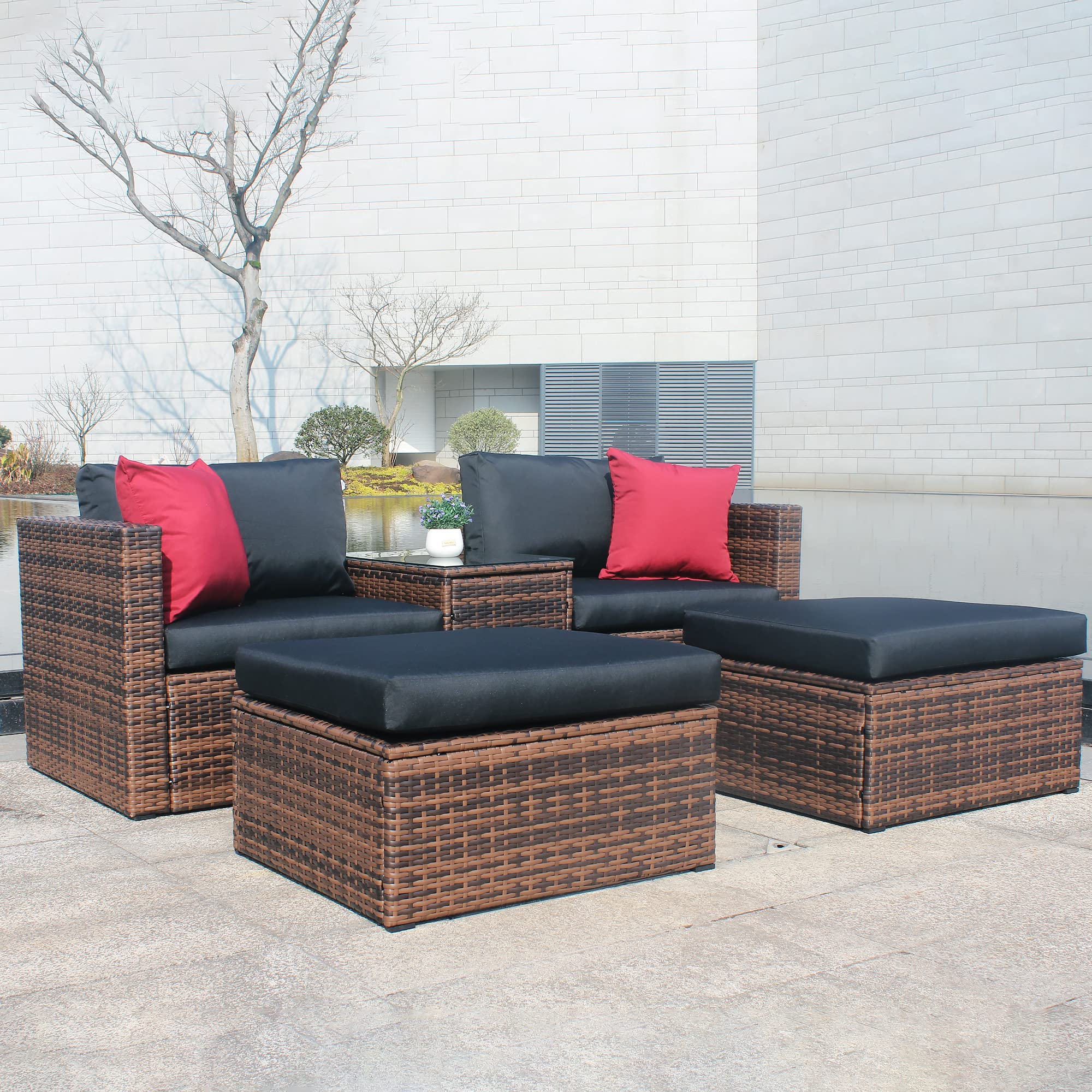 GRAGUO 5-Piece Modern Outdoor Patio Furniture Set - All-Weather Wicker Sectional Sofa with Black Cushions & Protective Cover - Perfect for Backyard, Poolside & Garden Relaxation