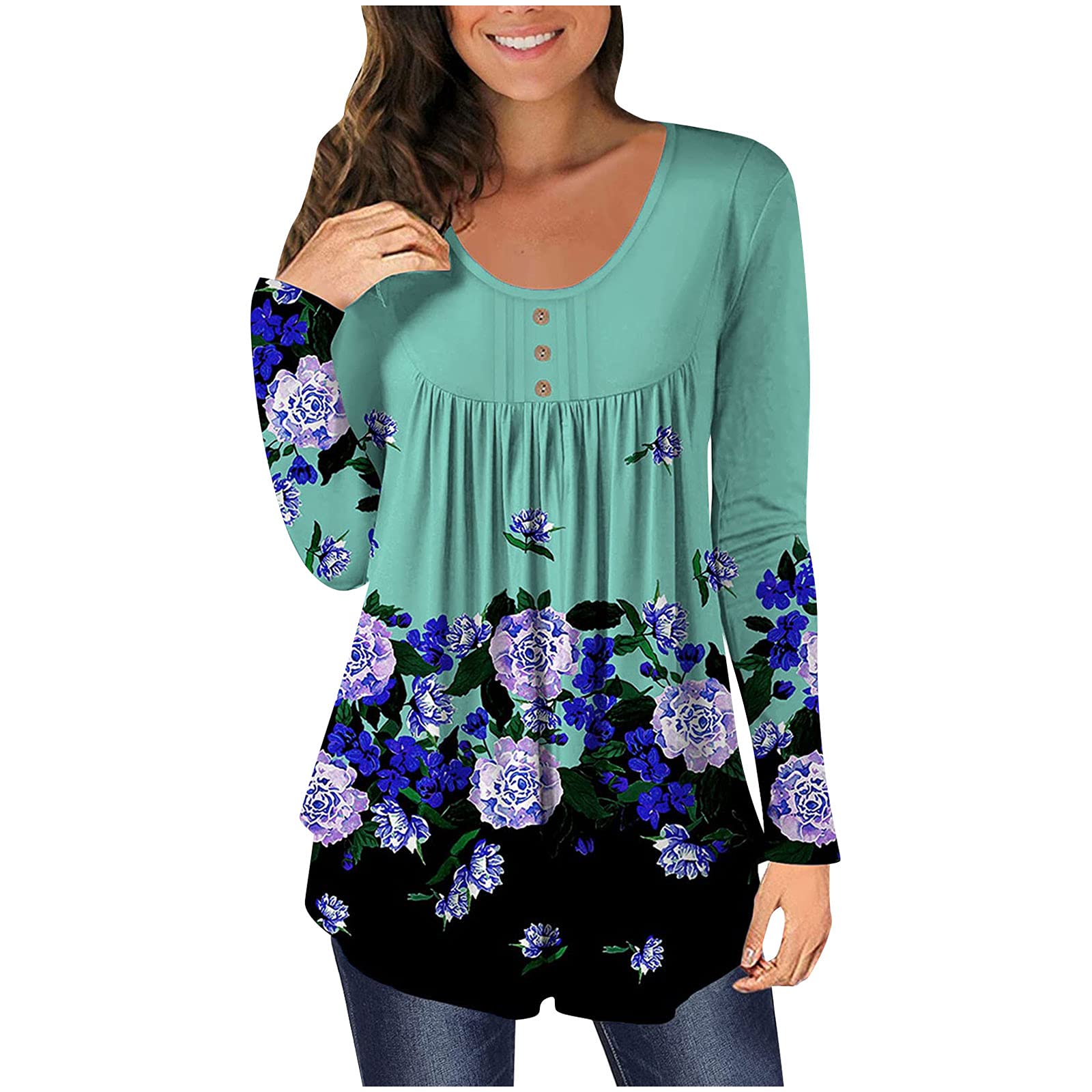 Women's Casual Floral Printed Workout Shirts - Long Sleeve Button Up Blouse & Tunic Top for Yoga, Gym, and Everyday Wear | Comfortable Pullover O-Neck Style
