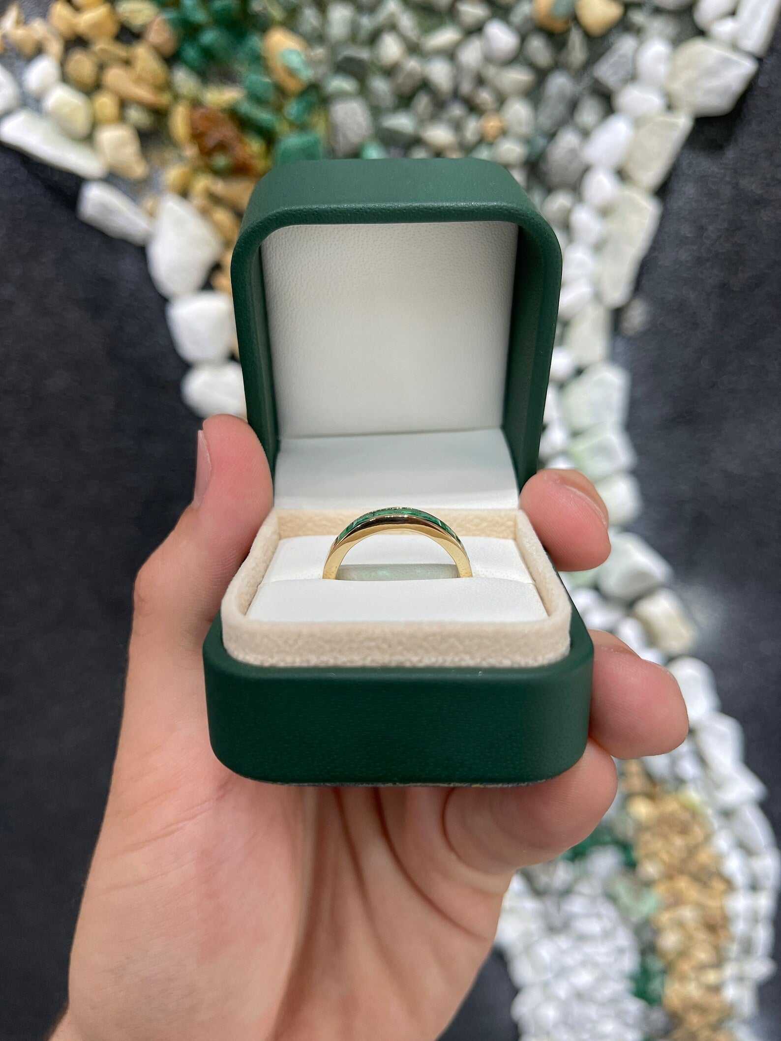 1.40tcw Genuine Vivid Green Emerald 14K Gold Wedding Band Ring for Men - Perfect for Engagement, Anniversary & Special Occasion Gifts