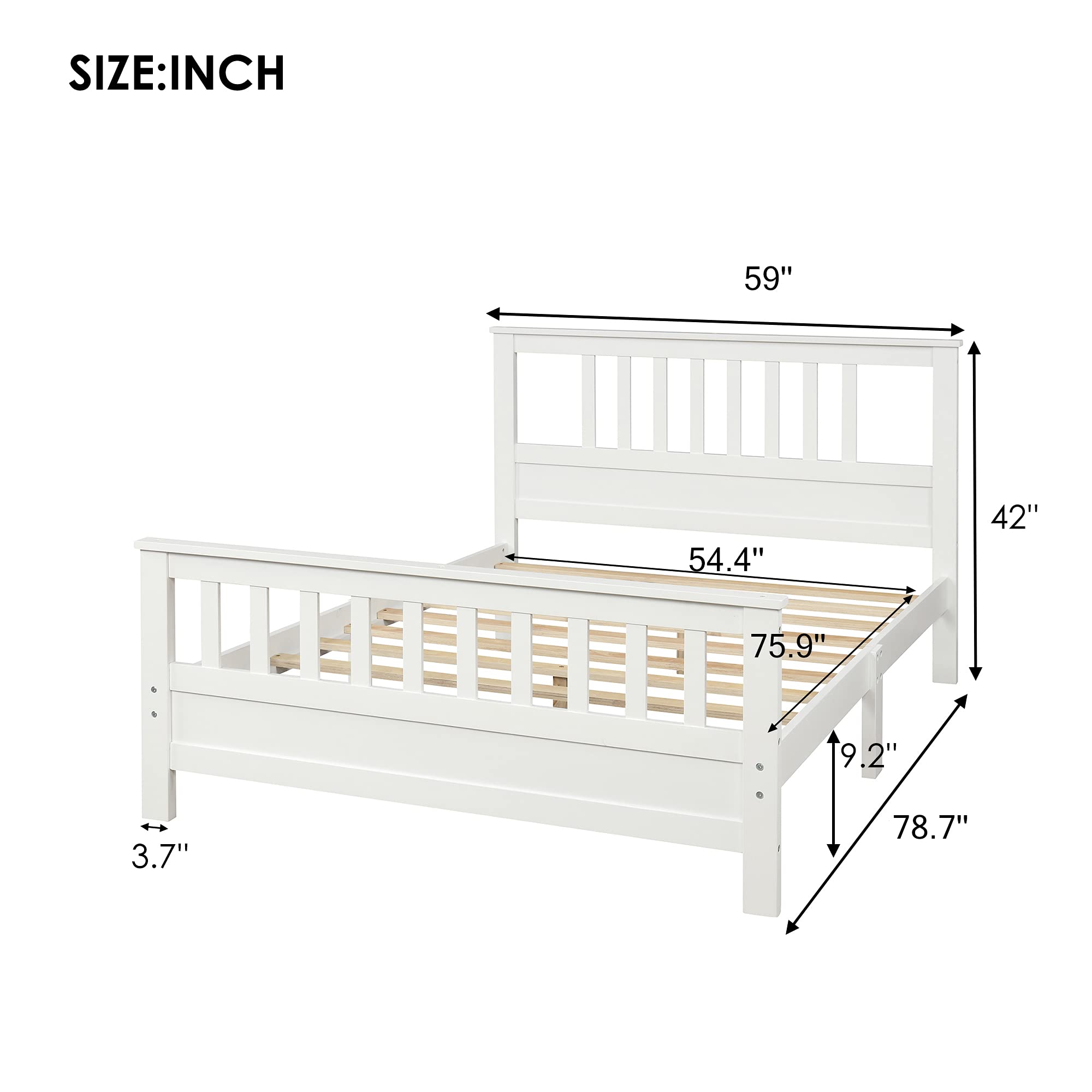 Polibi Full Size Wooden Platform Bed Frame with Headboard & Footboard - Sturdy Center Support & Wood Slats - No Box Spring Needed - White - Perfect for Modern Bedrooms & Guest Rooms