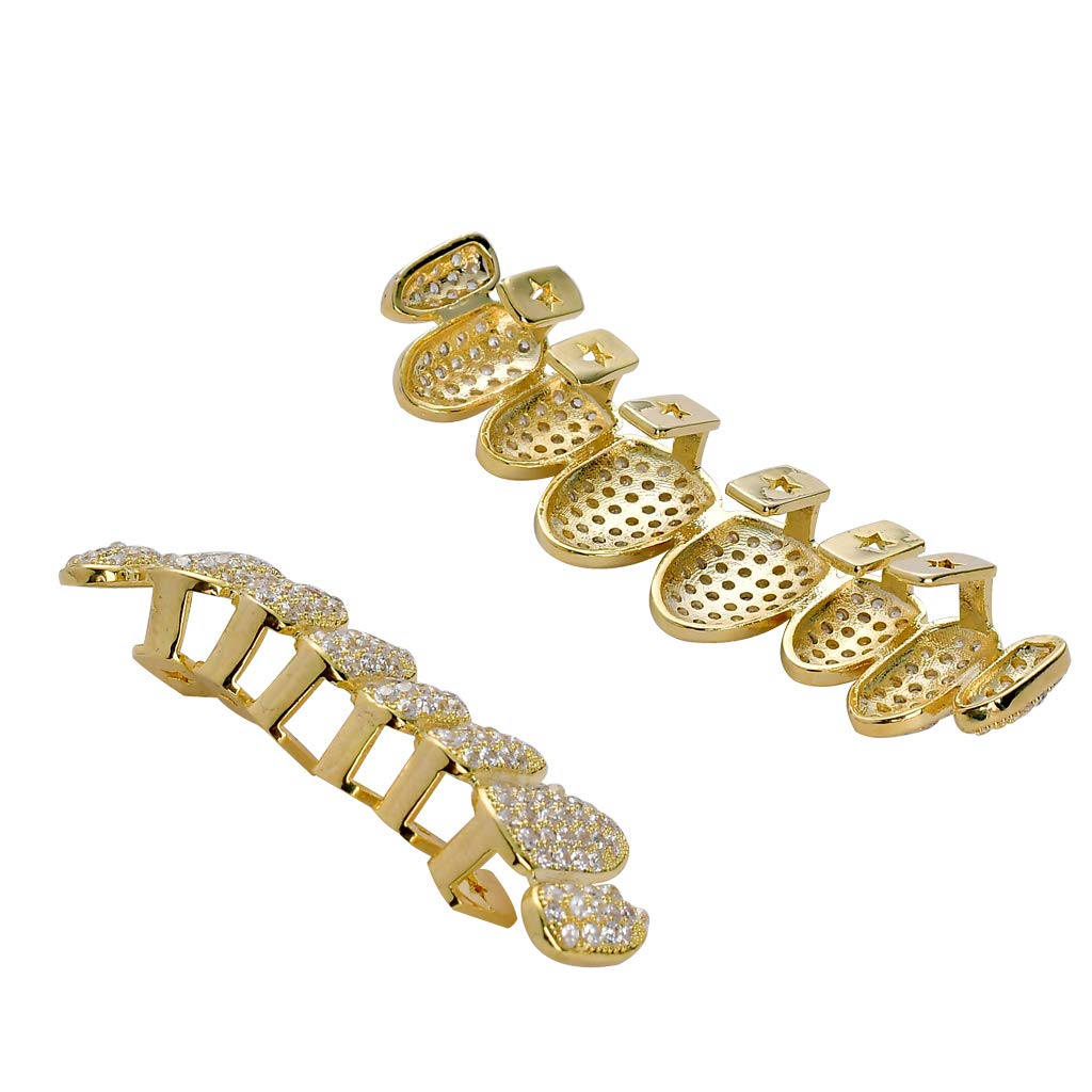 24K Gold Plated CZ Diamond Grillz Set - Top & Bottom Teeth Grills with Macro Pave Design | Includes Extra Molding Bars, Storage Case & Microfiber Cloth | Perfect for Hip Hop Fashion, Parties & Special Events