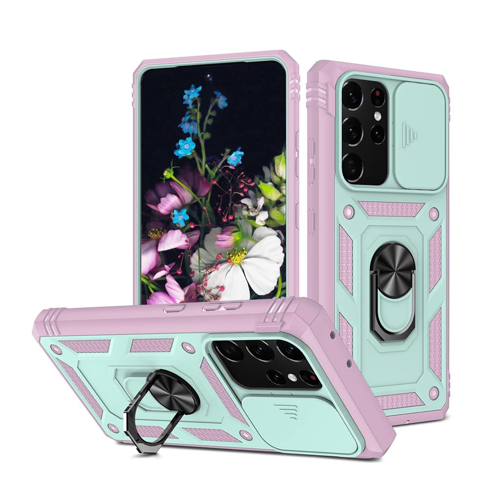 Samsung Galaxy S21 Ultra Phone Case with Stand & Slide Camera Protection - Shockproof Slim Cover for Galaxy S21 Ultra (Green/Pink) - Perfect for Work, Travel & Everyday Use