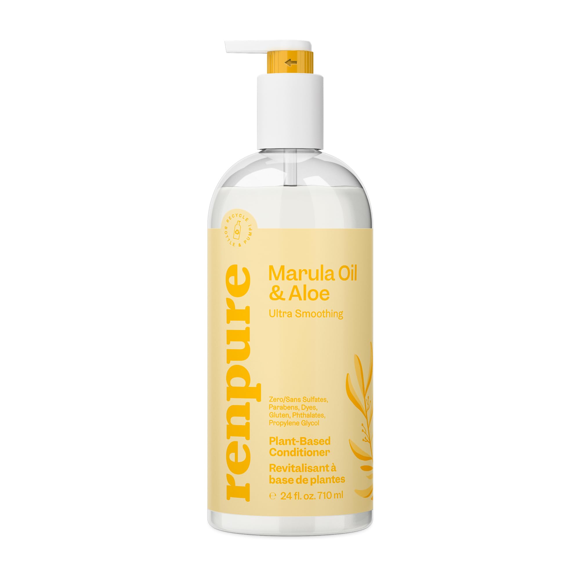 Renpure Plant Based Marula Oil & Aloe Vera Ultra Smoothing Conditioner for Dry, Frizzy Hair - Hydrating Hair Treatment with Gentle Formula - Paraben Free, Vegan, Cruelty Free - Eco-Friendly Recyclable Pump Bottle (24 fl oz) - Perfect for Daily Hair Care & Salon Quality Results at Home
