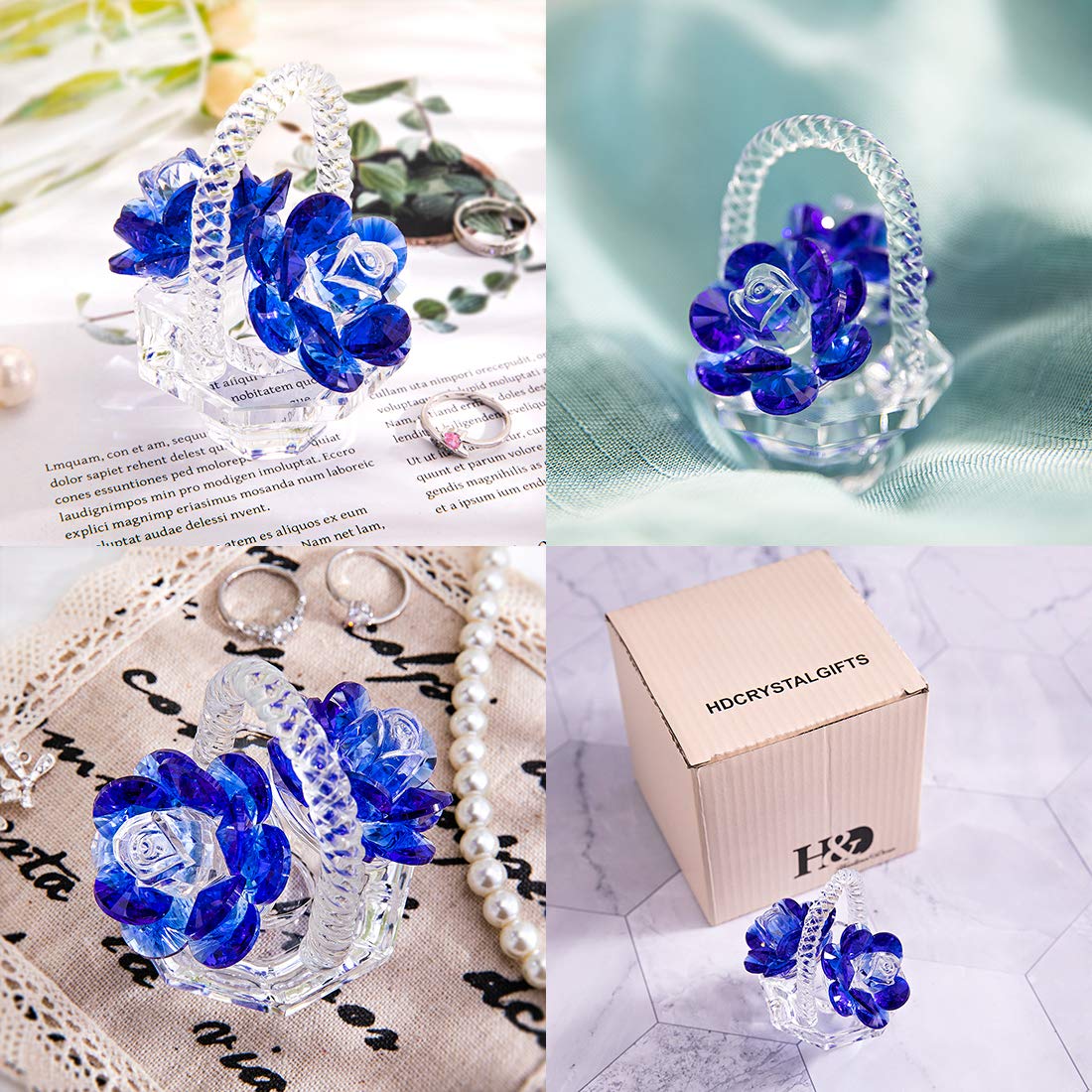 H&D HYALINE & DORA Blue Crystal Glass Rose Flower Gift Set - Perfect for Valentine's Day, Mother's Day, Christmas, Anniversary & Birthday Presents - Elegant Home Decor & Romantic Gift Idea