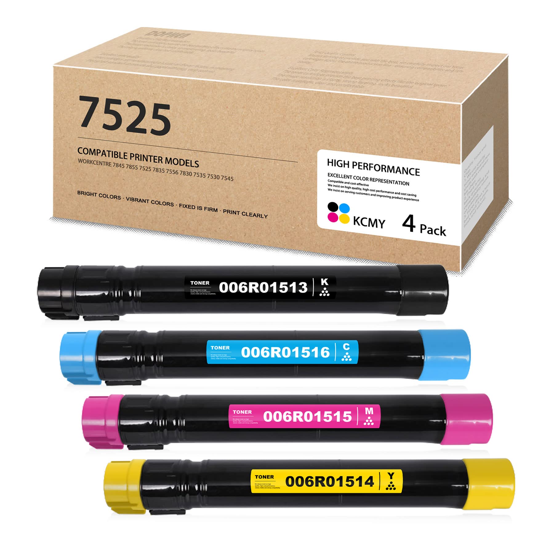 Dophen 4-Pack Toner Cartridge Set (BK/C/M/Y) - Compatible with Xerox WorkCentre 7525/7530/7535/7545/7556/7830/7835/7845/7855 Printers - Replacement for 006R01516/006R01515/006R01514/006R01513 - Ideal for Office Printing & High-Volume Document Production