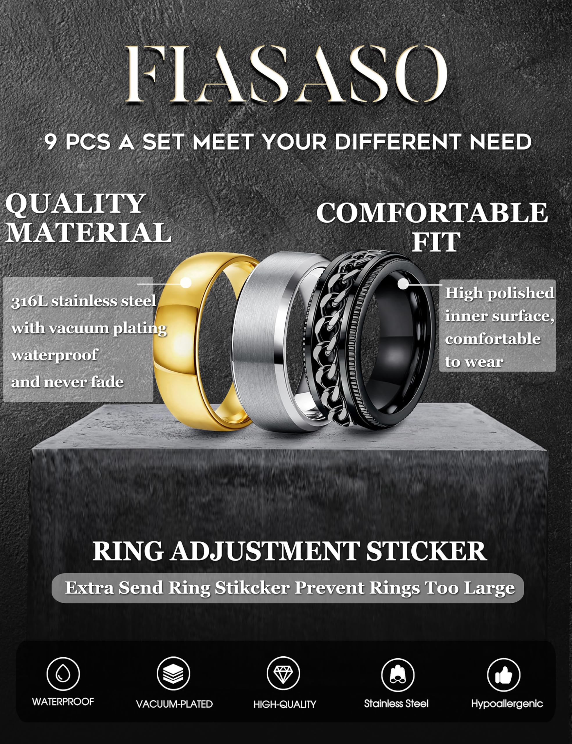 FIASASO 9Pcs Stainless Steel Wedding Band Rings for Men - 8MM Width, Silver Black Gold Engagement Rings Set, Sizes 6-14 - Perfect for Weddings, Anniversaries, Proposals & Everyday Wear