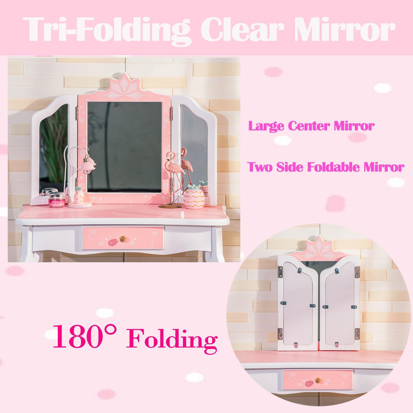 Memoryfield Kids Vanity Set - Wooden Princess Makeup Dressing Table with Mirror, Stool & Drawer | 2-in-1 Toddler Vanity for Girls | Pretend Play, Birthday Gift & Bedroom Decor (Pink/White) - Perfect for Playroom, Nursery or Girls' Bedroom