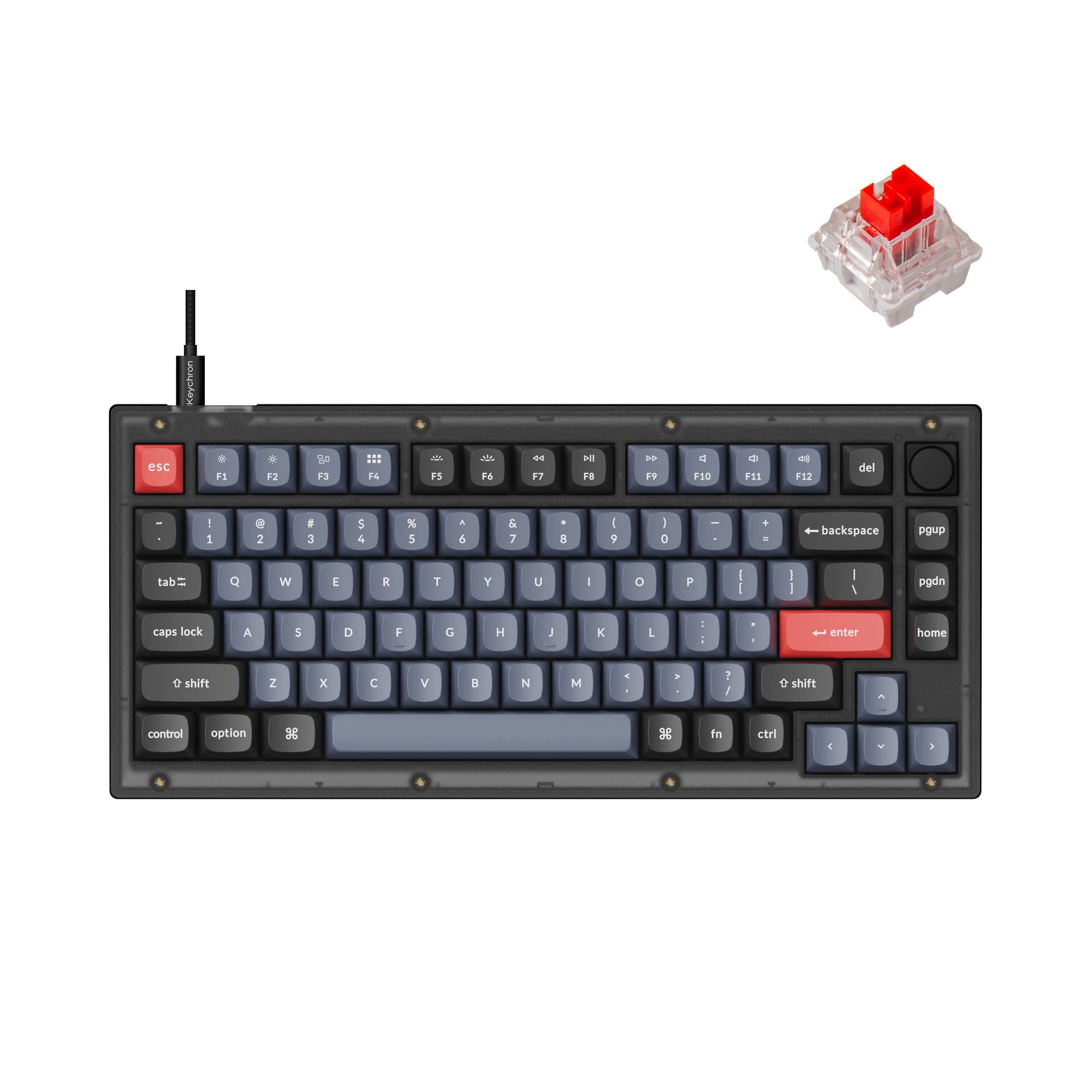 Keychron V1 Wired Custom Mechanical Keyboard with Knob - 75% Compact Layout, QMK/VIA Programmable, Hot-Swappable K Pro Red Switches, Mac/Windows/Linux Compatible (Frosted Black Translucent) - Perfect for Gaming, Coding & Office Work