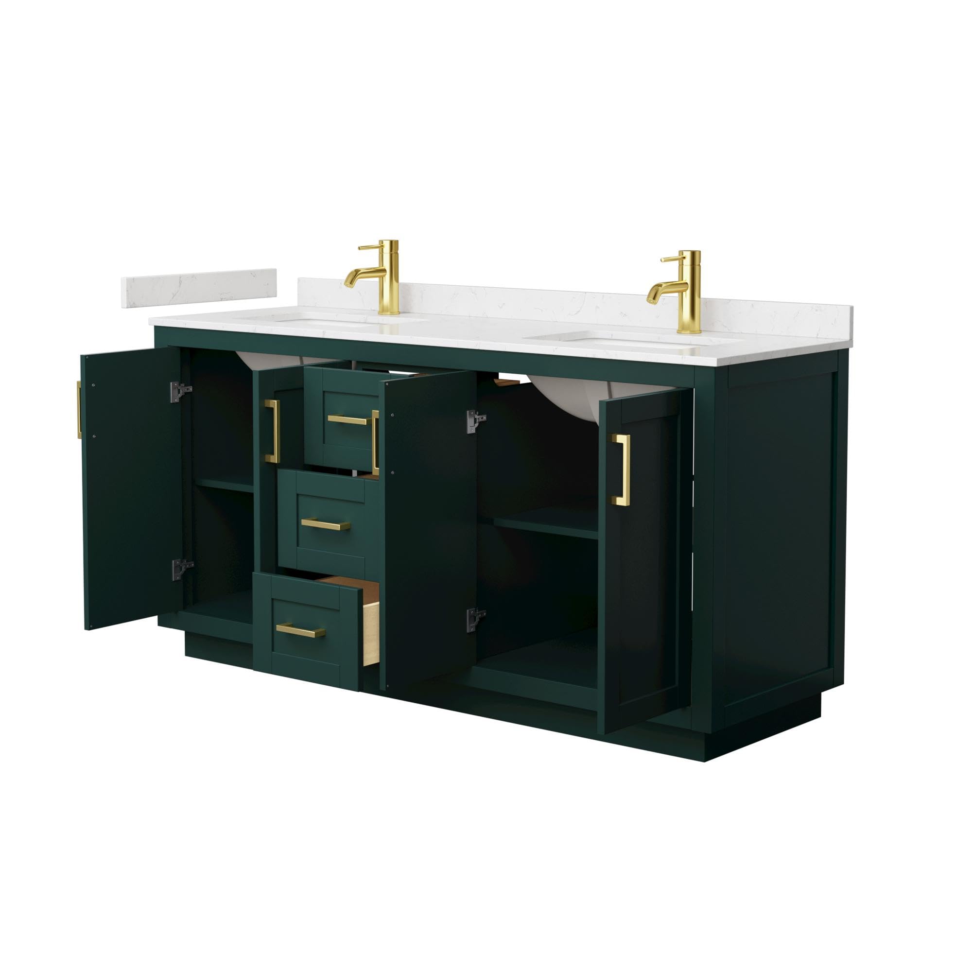 Wyndham Collection Miranda 66 Inch Double Bathroom Vanity in Green with Light-Vein Carrara Cultured Marble Countertop, Undermount Square Sinks & Brushed Gold Trim - Perfect for Modern Master Bathrooms & Guest Suites