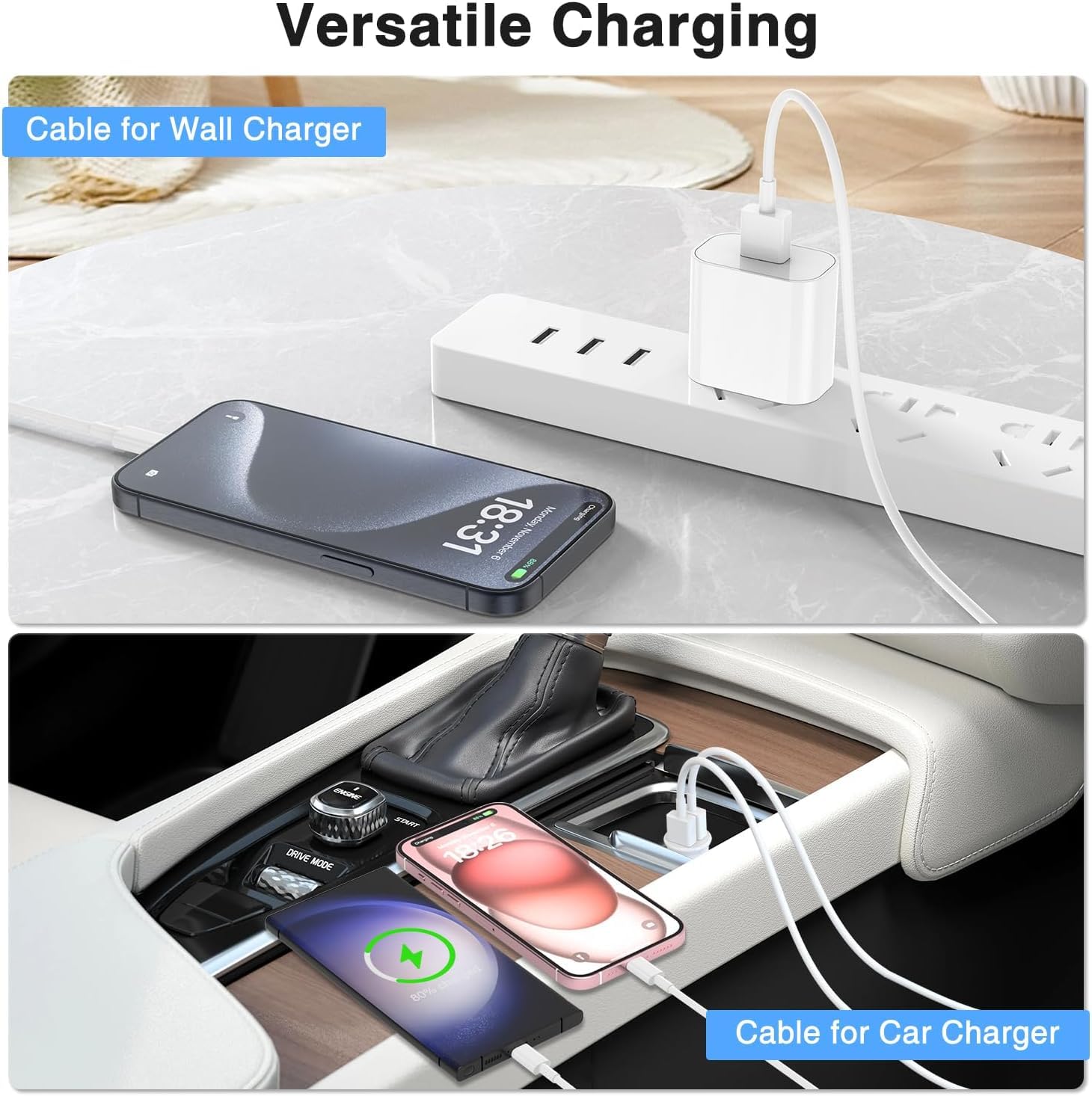 Fast Charging USB A to USB C CarPlay Cable for iPhone 16/15 Pro/Pro Max/Plus - 3FT/6FT Durable Car Charger Adapter Cord Compatible with Apple iPhone 16/15 & Google Pixel 9 - Perfect for Road Trips & In-Car Entertainment