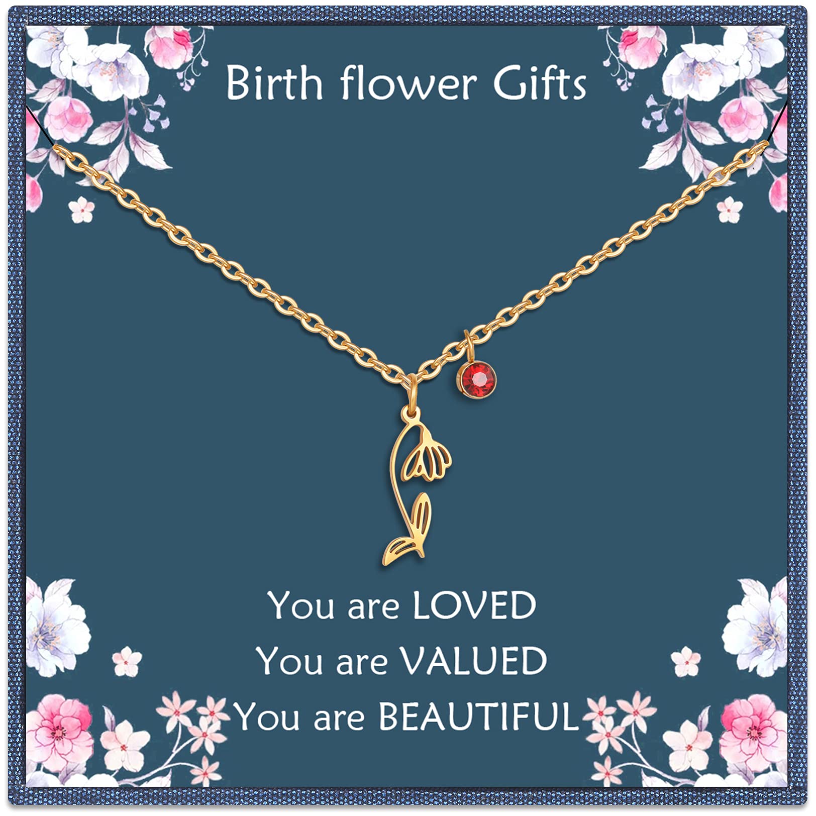 Birth Flower Necklace for Women - 14K Gold Plated Birth Month Floral Pendant with Birthstone | Personalized Birthday Gift for Mom, Wife & Friends | Perfect for Mother's Day, Anniversaries & Special Occasions