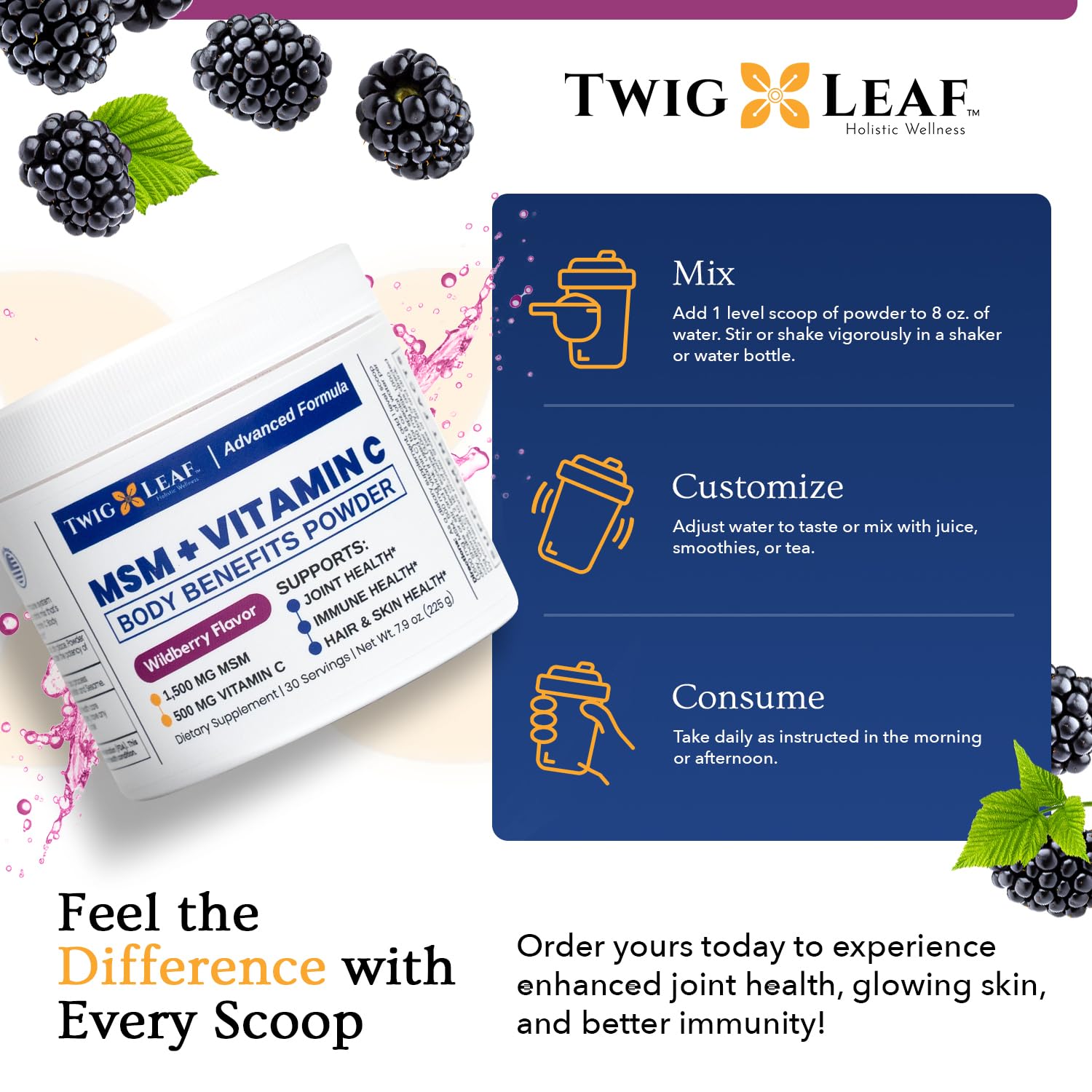 Twig & Leaf MSM + Vitamin C Powder for Hair Growth, Nail Strength & Joint Support | Wildberry Flavor | 30 Servings Non-GMO Gluten-Free Sulfur Supplement (7.9 Oz) | Perfect for Daily Wellness Routine & Active Lifestyle