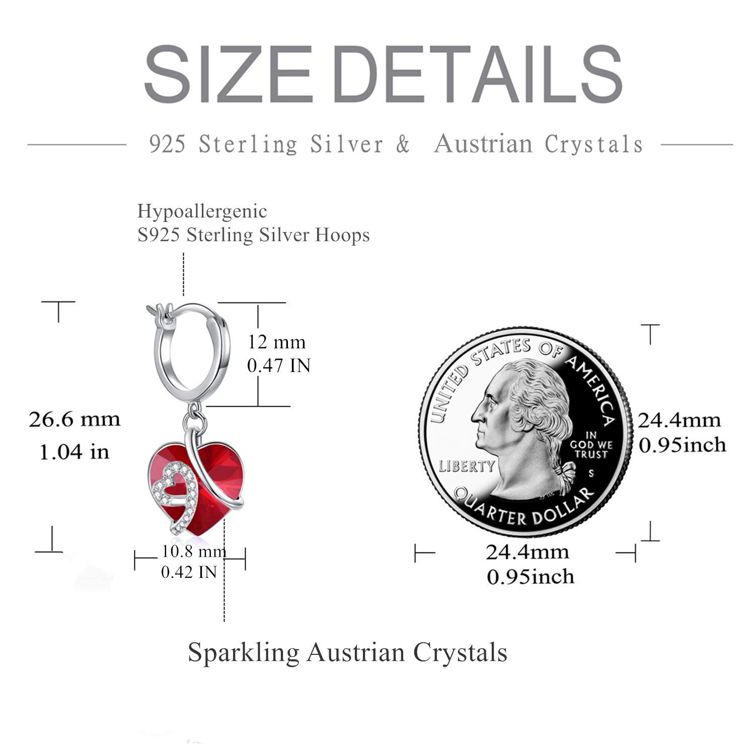Heart Crystal Dangle Earrings - Sterling Silver Hoop Earrings for Women | Romantic Gift for Her, Date Night Jewelry