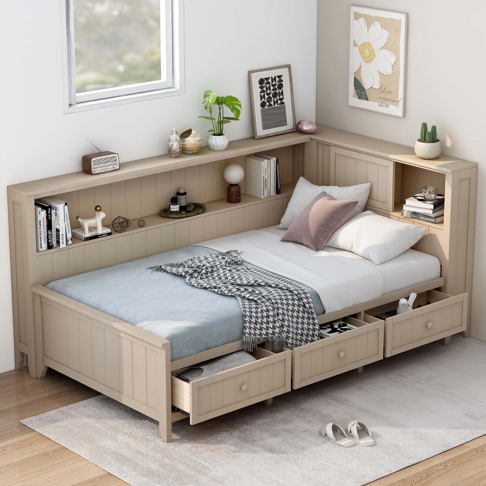 HABITRIO Twin Size Daybed with Storage - Wooden Daybed Frame with 3 Drawers & Shelves, Antique White Finish - Perfect for Kids' Room, Guest Bedroom & Small Space Furniture