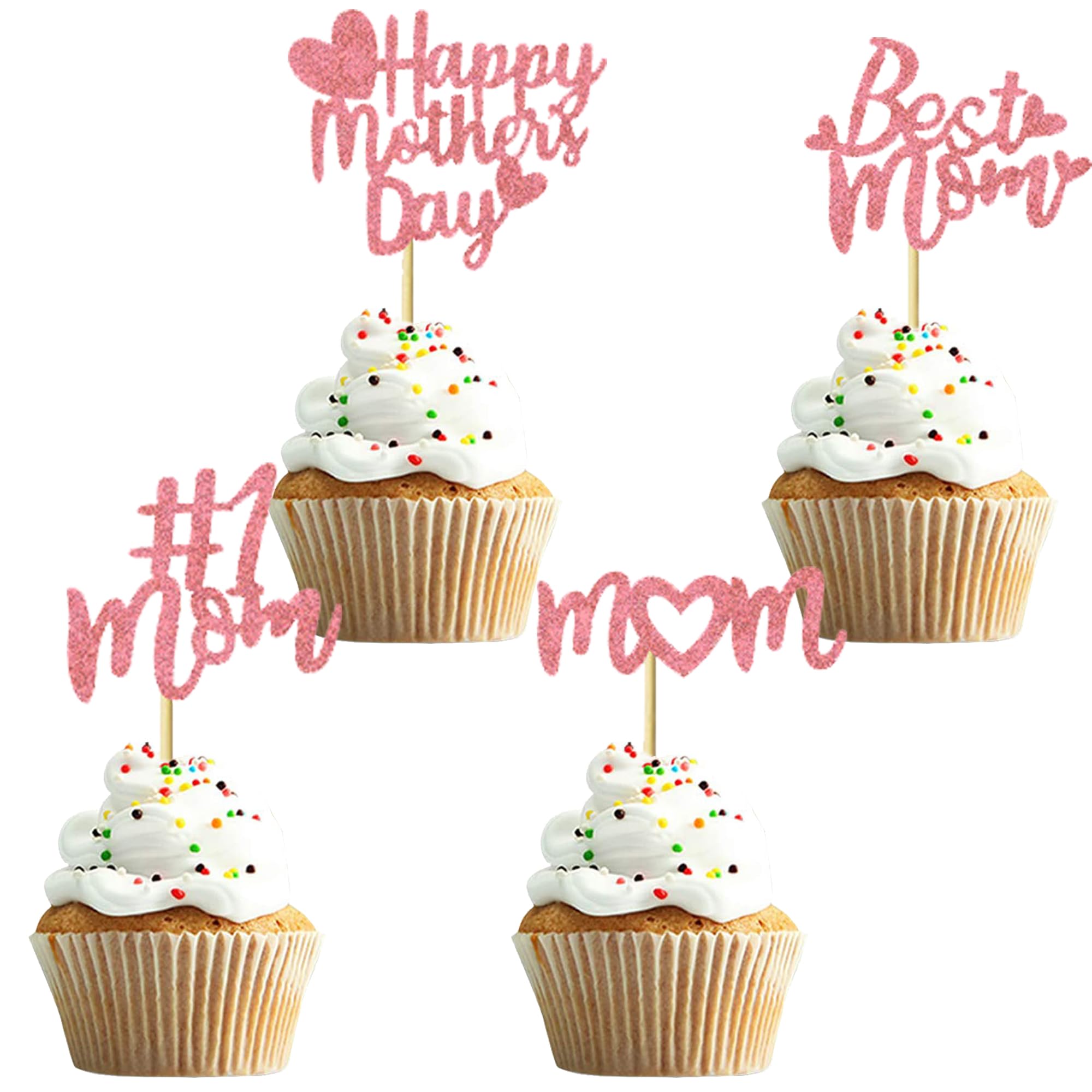 24Pcs Happy Mother's Day Cupcake Toppers - Pink Glitter Cake Decorations for Mother's Birthday Party, Baby Shower & Wedding Celebrations