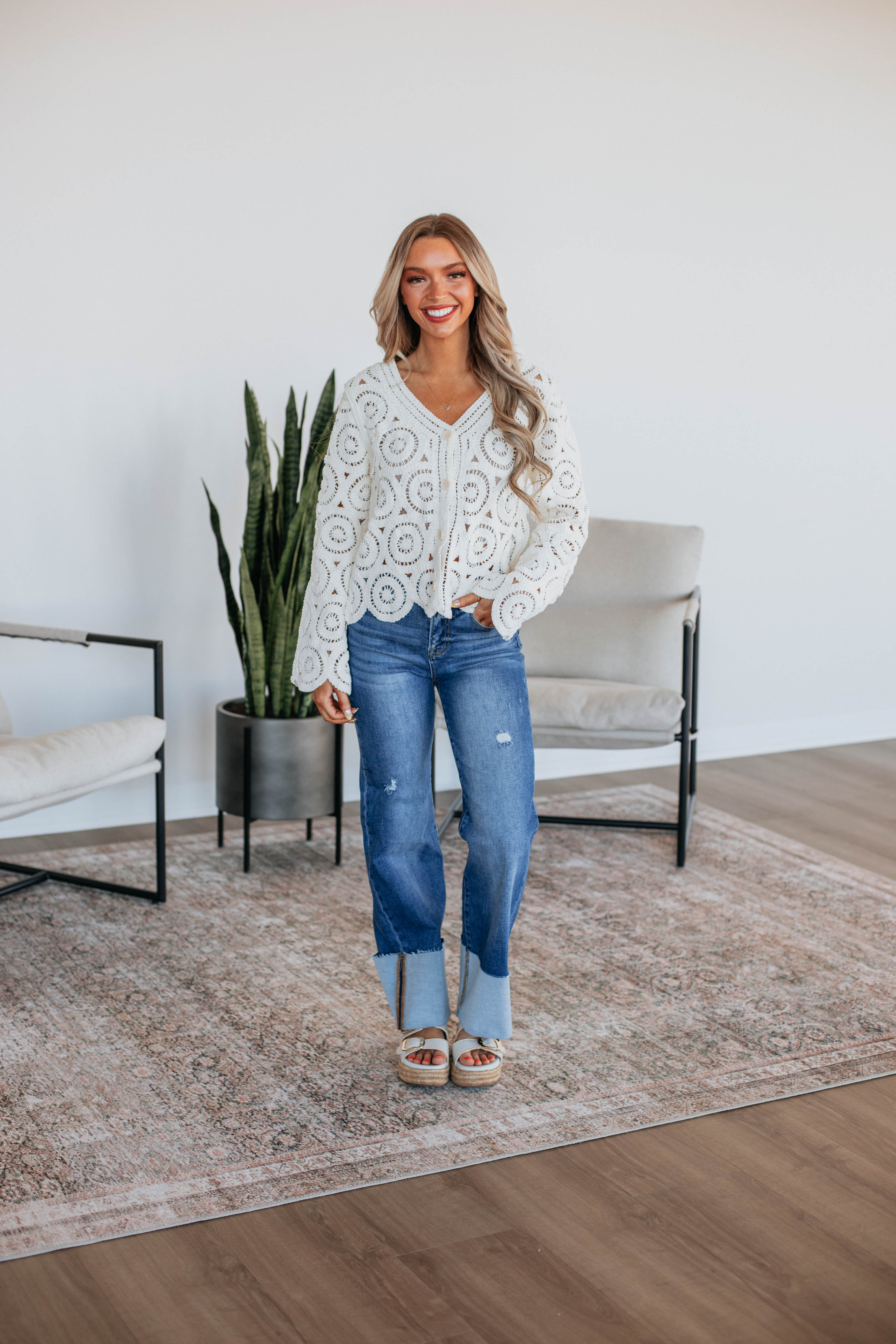 Gwenette Crochet Cardigan Women's Lightweight Open Front Sweater - Cream Beige Knit Wrap Cover Up for Spring, Fall & Cozy Home Wear