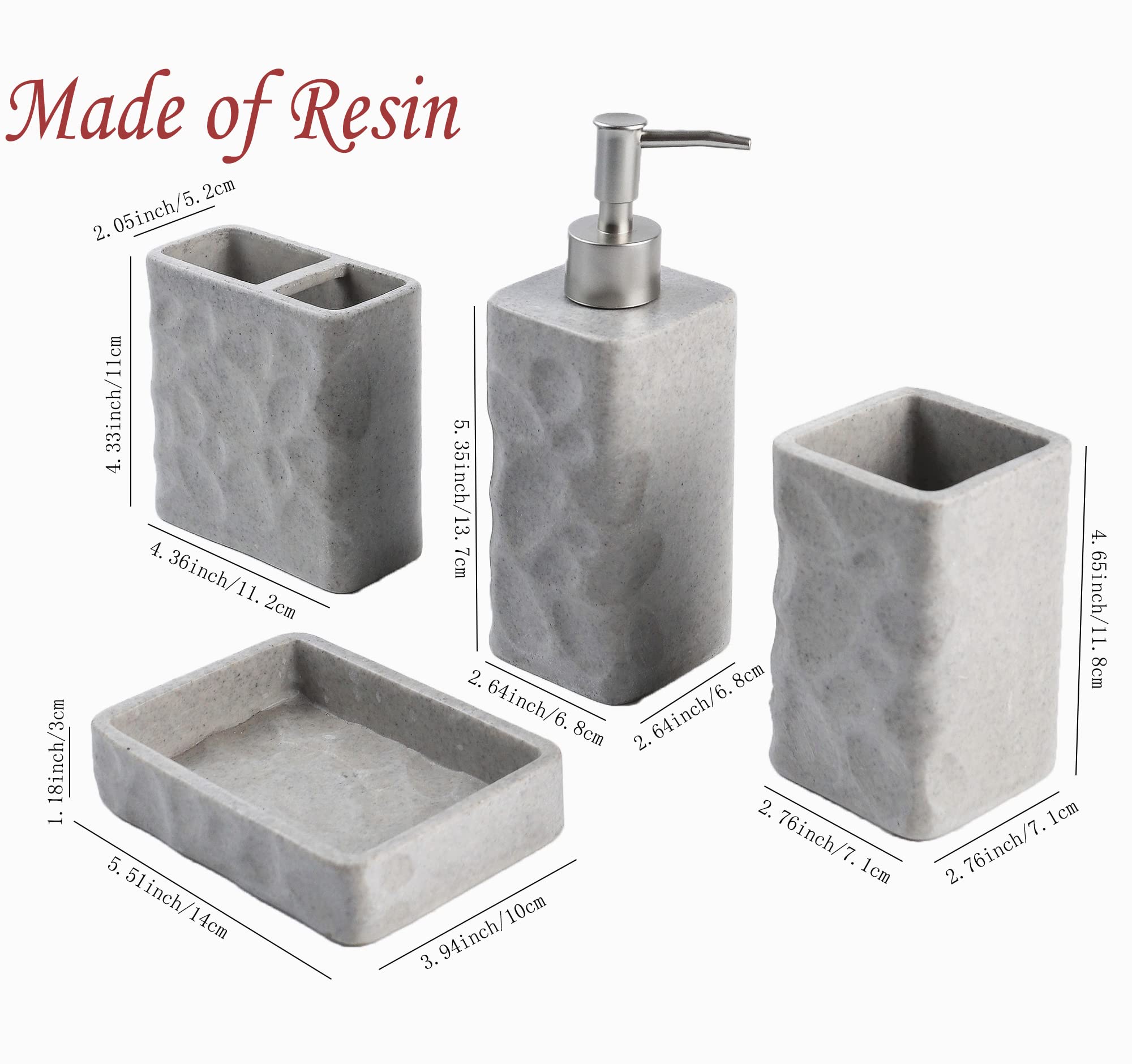 Hymmah 4-Piece Farmhouse Bathroom Accessories Set - Resin Toothbrush Holder, Soap Dispenser, Soap Dish & Tumbler | Rustic Decor for Bathroom, Apartment Essentials | Perfect for Guest Bathrooms, Small Spaces & Housewarming Gifts