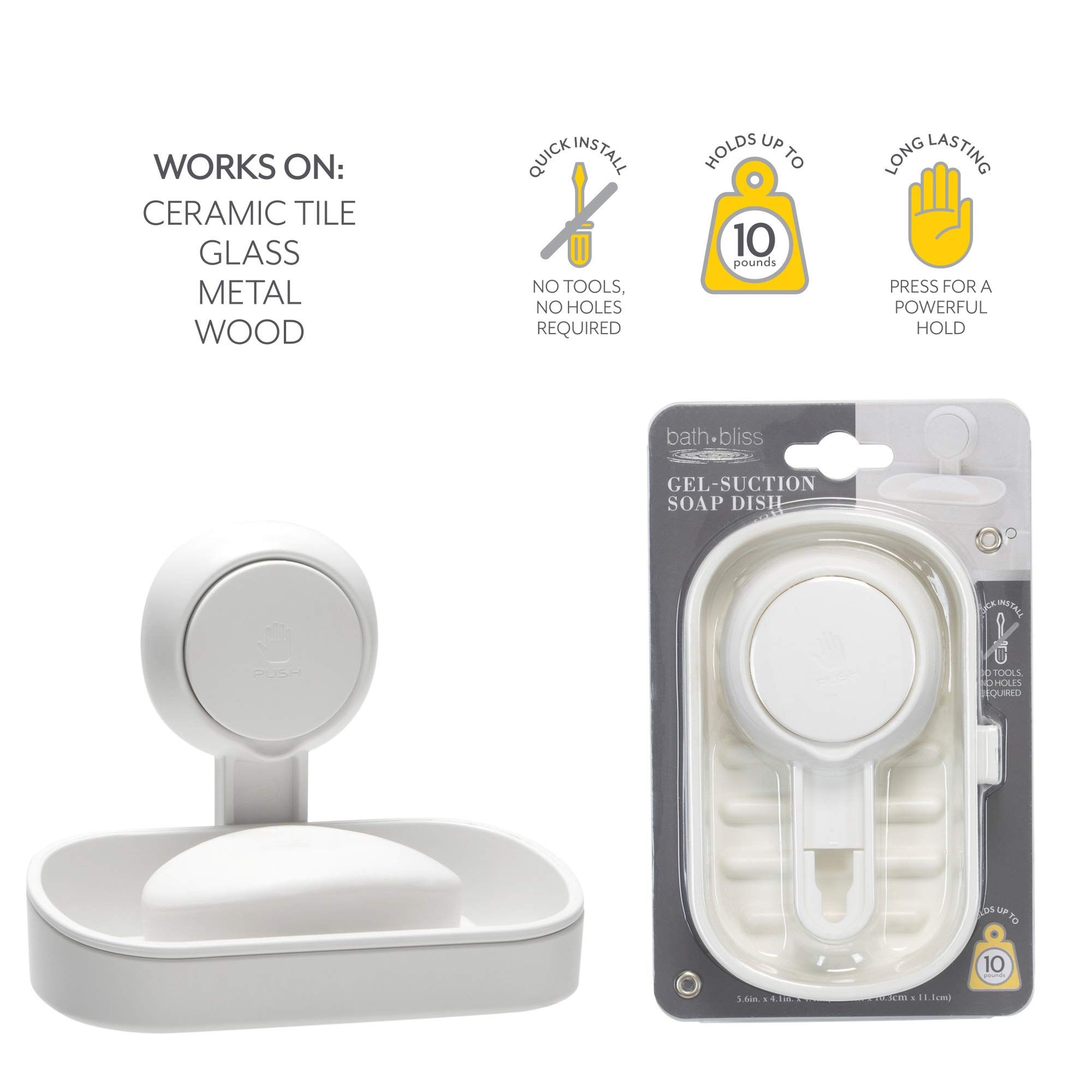Bath Bliss Power Lock Gel-Suction Soap Dish - Strong Wall Mount for Bathroom Mirror or Shower - No Tools Required - Kitchen Sponge Holder with Easy Release - White - Perfect for Showers, Sinks, and Countertop Organization