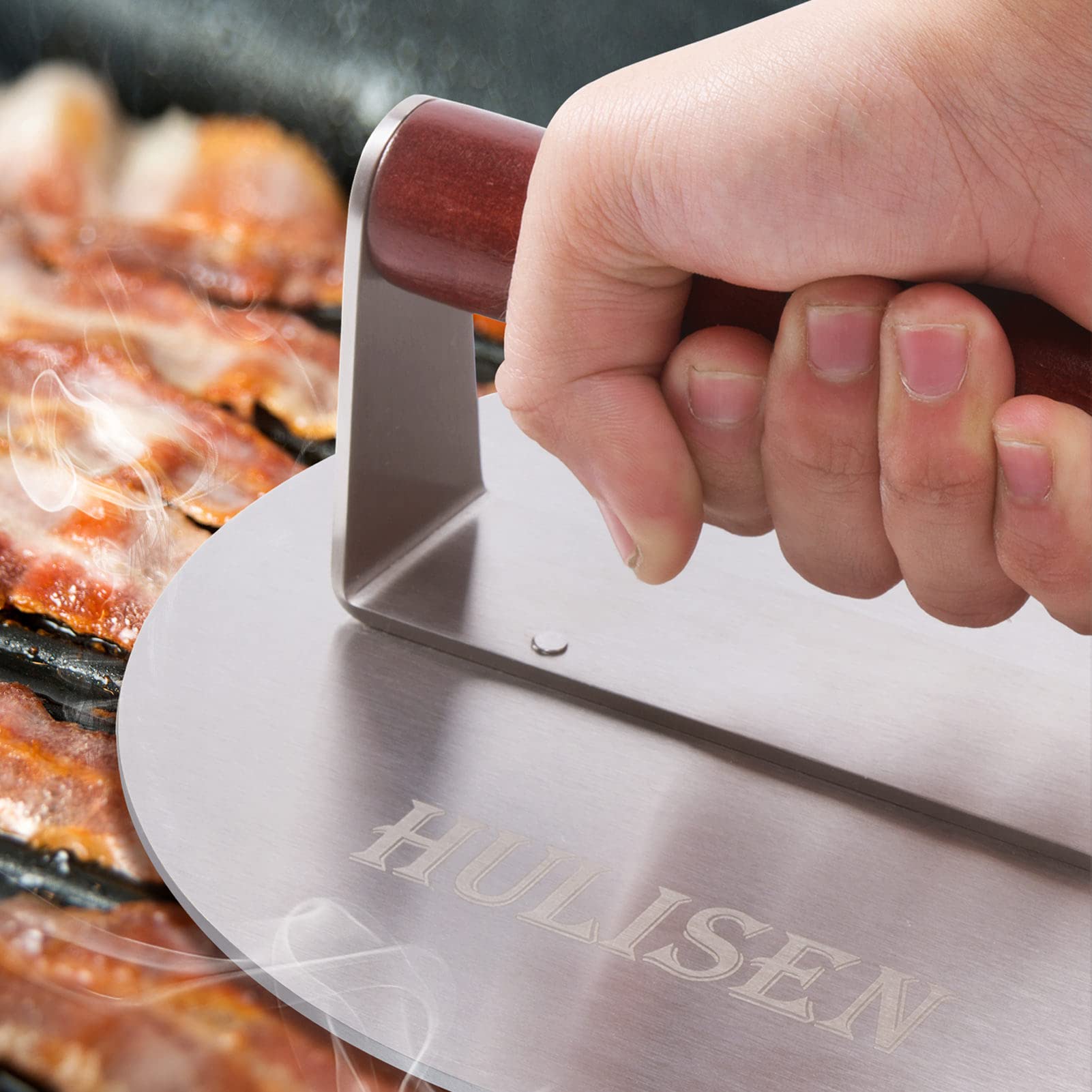 **HULISEN 8.5-Inch Heavy Duty Stainless Steel Burger Press – 2.5 lbs Bacon & Grill Smasher with Wood Handle – Perfect for Hamburgers, Steaks & BBQ – Ideal for Grilling, Smashing Patties & Cooking on Griddles**