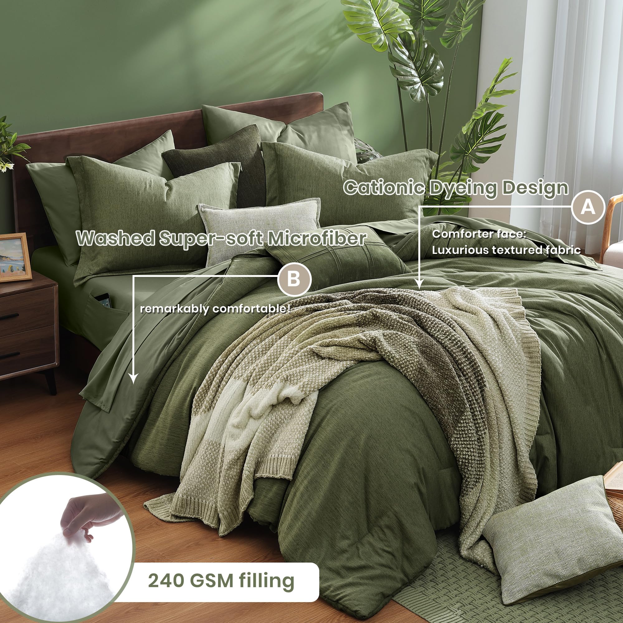 Monbix Queen Comforter Set - 7 Piece Olive Green Reversible Bedding Set with Comforter, Sheets & Pillowcases | Cationic Dyeing Technology | Perfect for Master Bedroom, Guest Room & Dorm Decor
