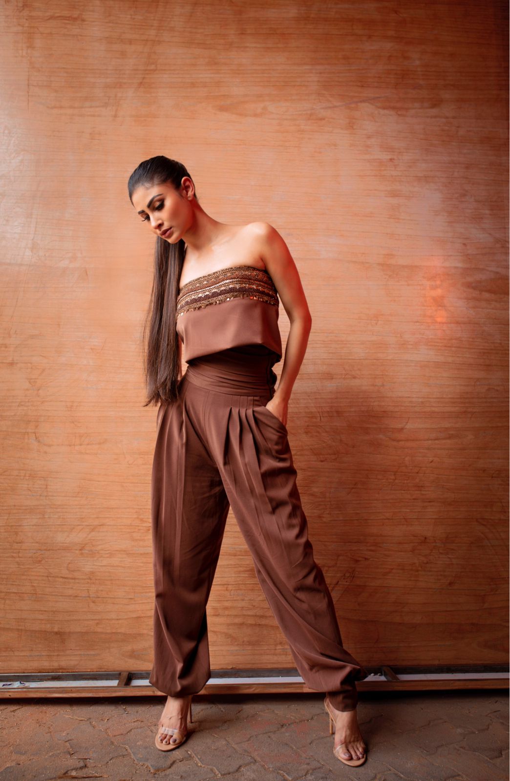 Dark Tan High Waist Pants with Tube Top - Vintage Gold Embroidery Women's Fashion Set for Party, Night Out, and Special Occasions