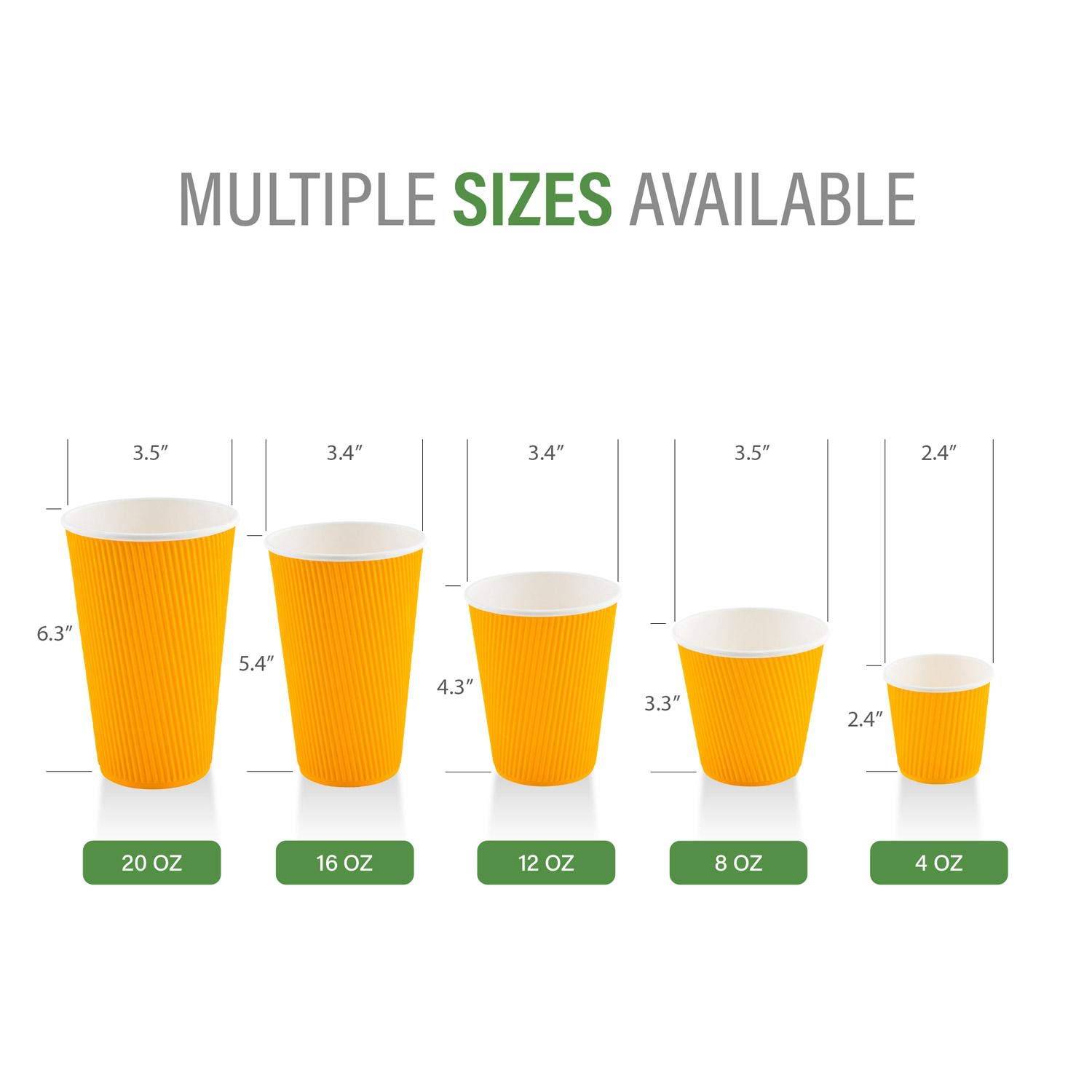 20oz Insulated Ripple Coffee Cups - 250 Pack Double Wall Corrugated Paper Cups with Secure Grip | Eco-Friendly & Leakproof | Perfect for Coffee Shops, Restaurants & Catering Events | Lids Sold Separately (Yellow)