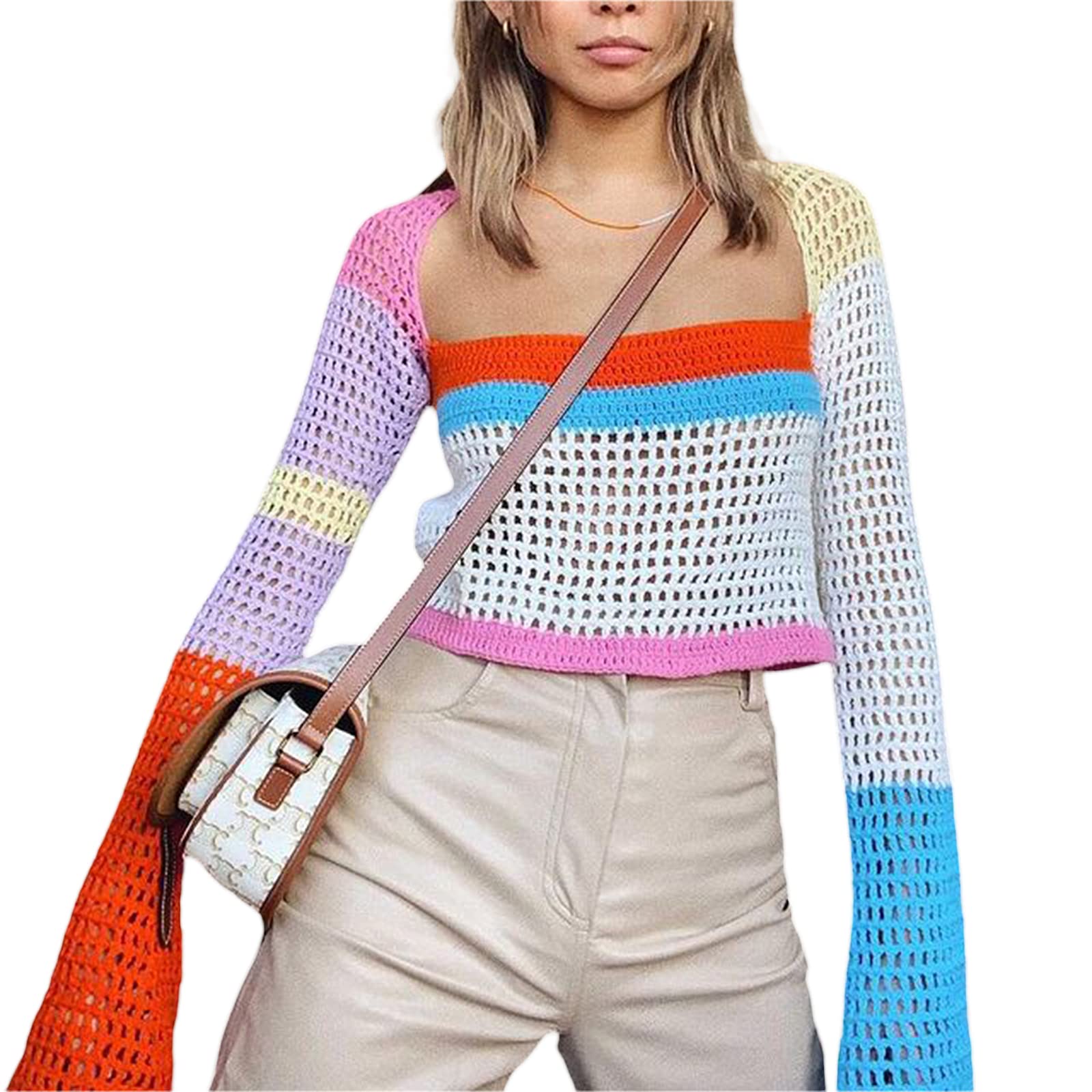 Sunloudy Women's Cropped Knit Top - Long Sleeve Crochet Hollow Out Square Neck Sweater for Casual Wear & Layering