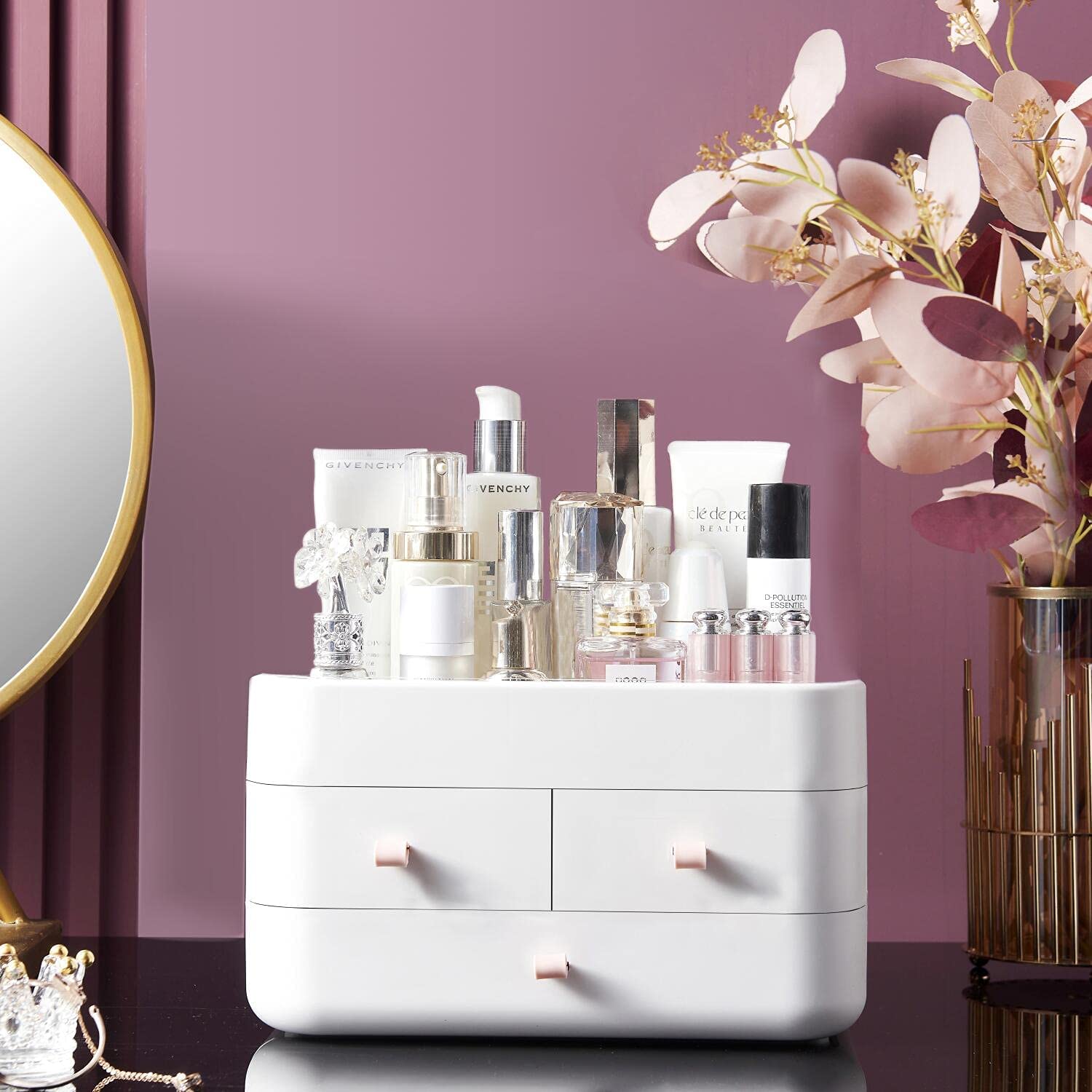 Bingobang Acrylic Makeup Organizer with Drawers - Large Cosmetic Storage for Skincare, Perfume, Jewelry & Brushes - Vanity Desk, Dresser, Bedroom, Office & Bathroom Organization (White) - Perfect for Daily Beauty Routine & Clutter-Free Space
